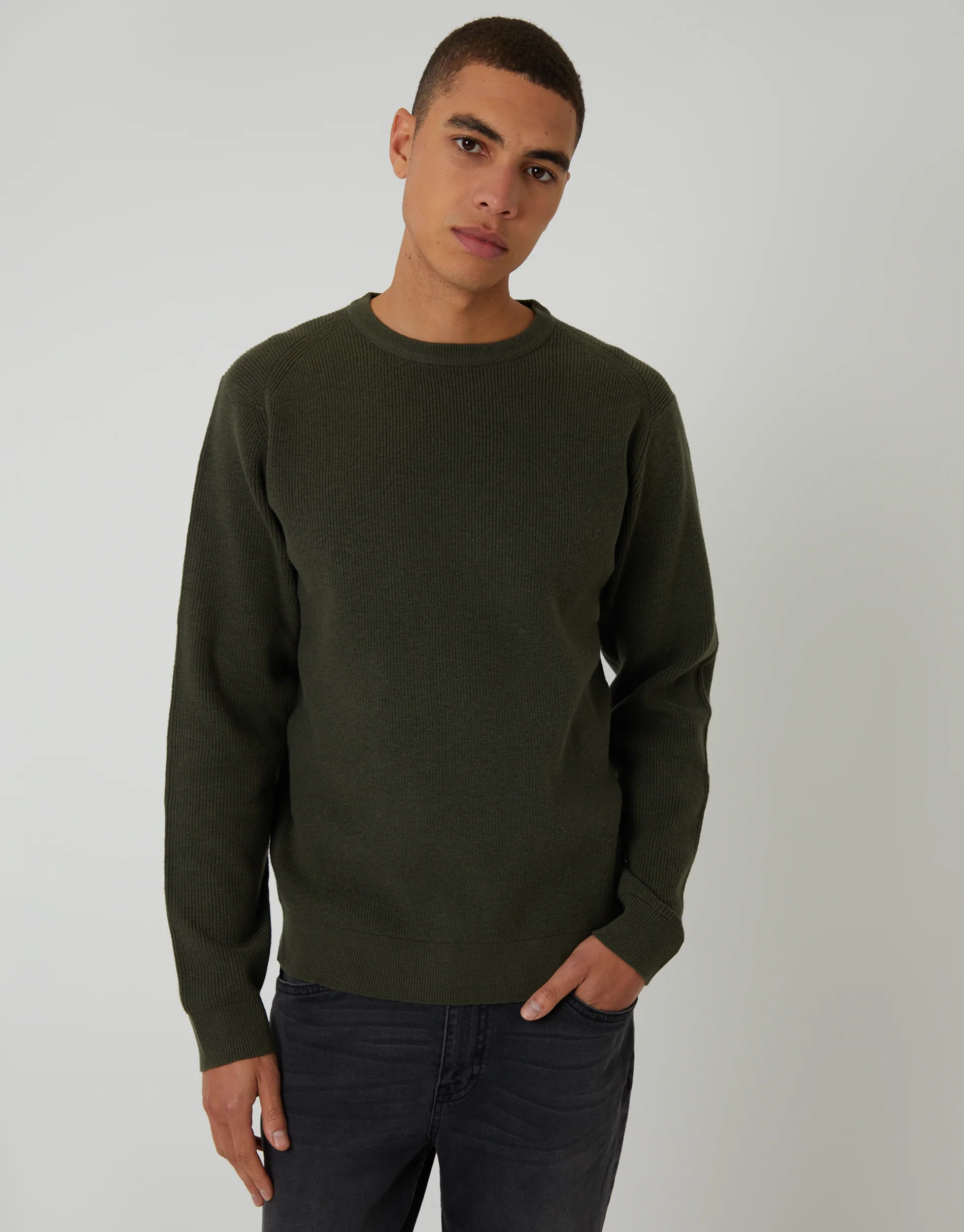 Rib Knit Crew Neck Jumper in Forest Green