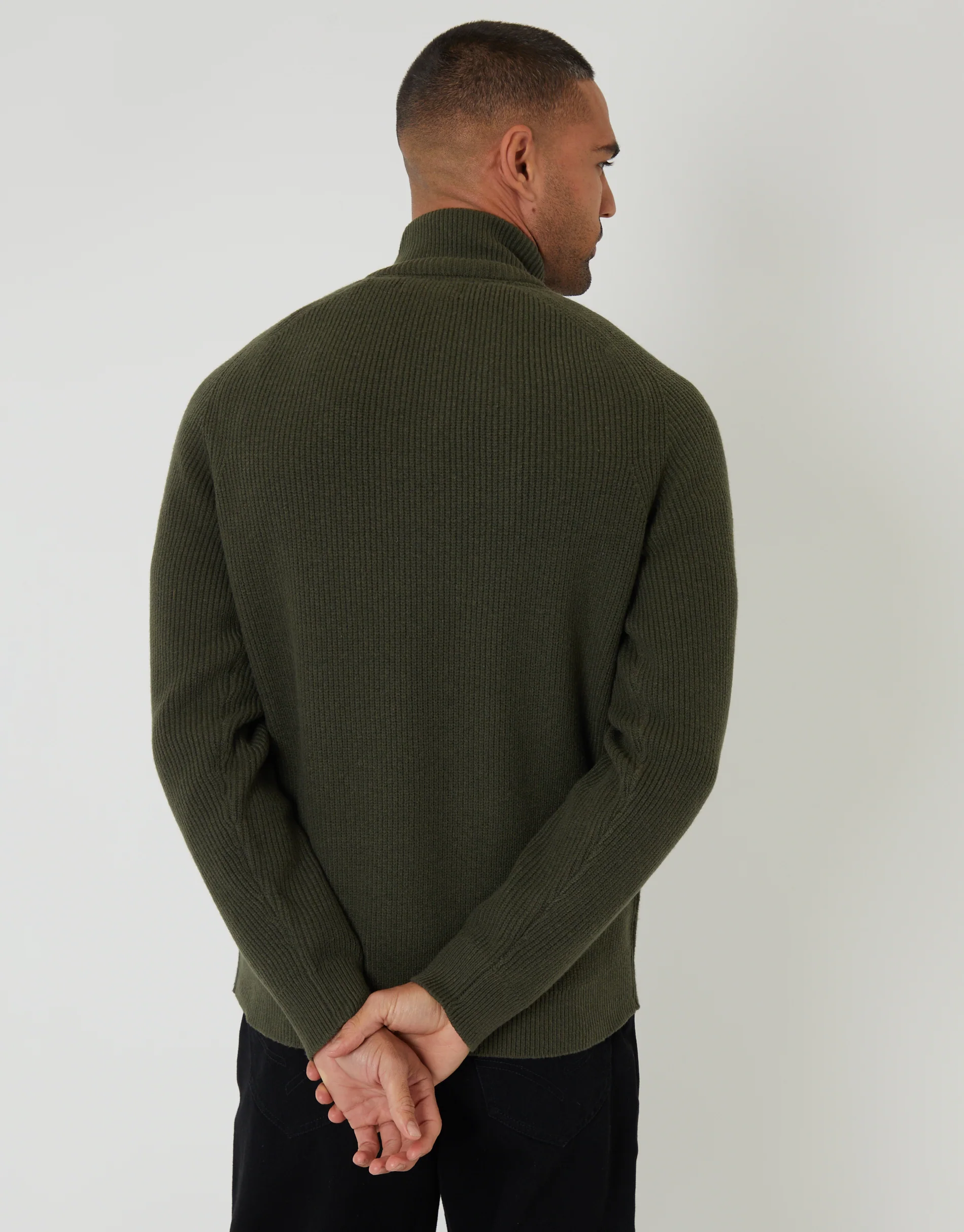 Rib Panel Quarter Zip Knitted Jumper in Forest Green - Image 2