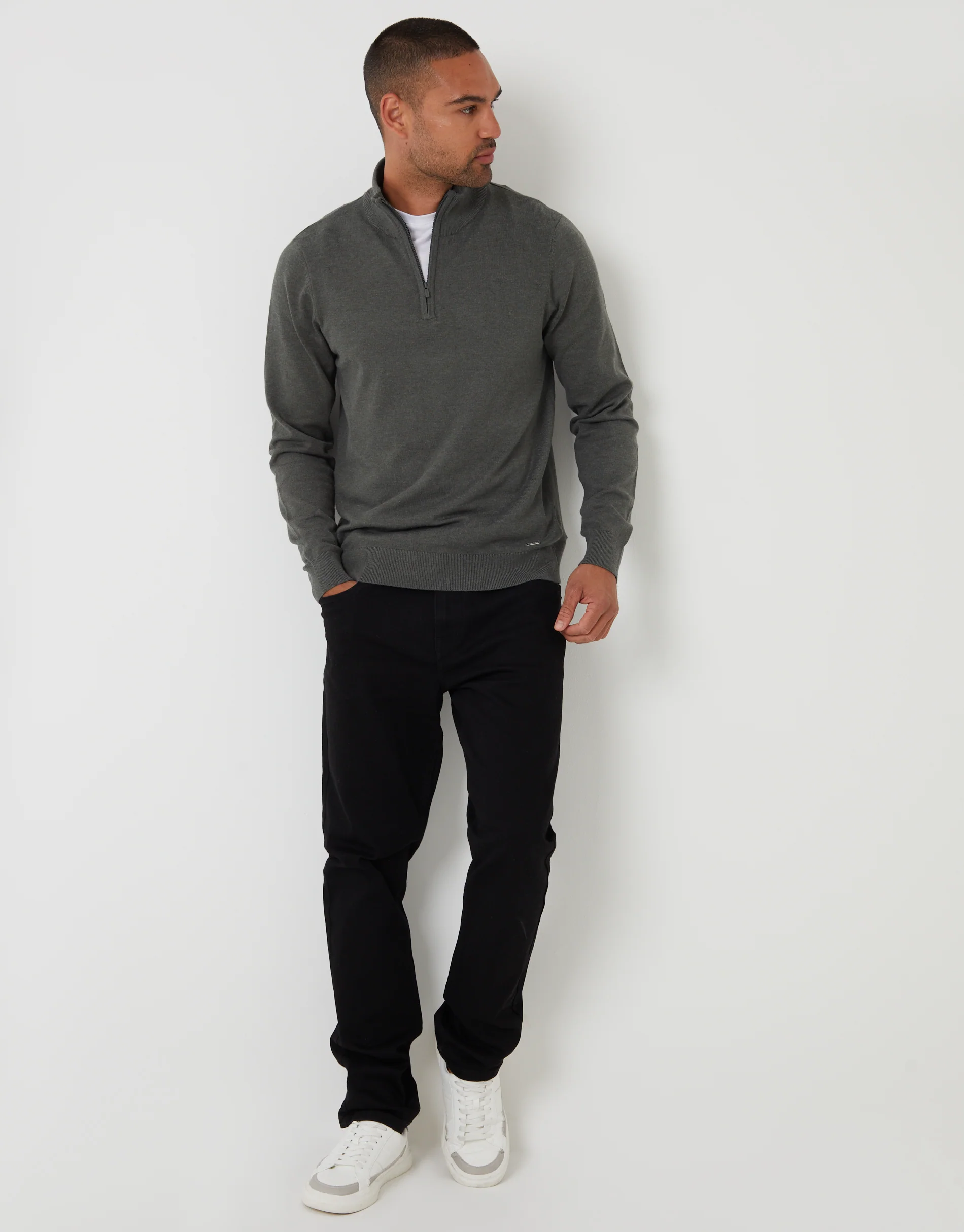 Funnel Neck Quarter Zip Knitted Jumper in Green Marl - Image 3