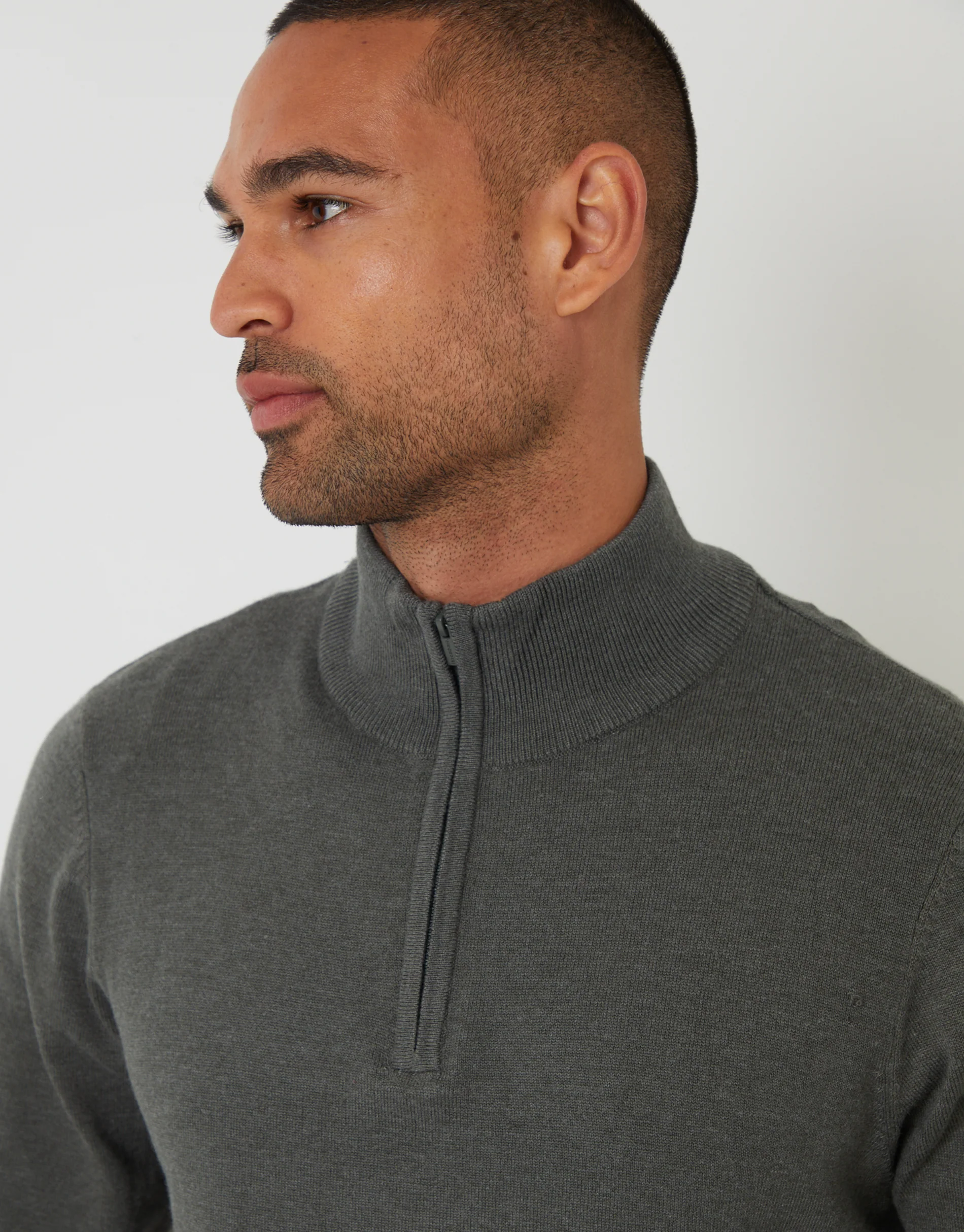 Funnel Neck Quarter Zip Knitted Jumper in Green Marl - Image 4
