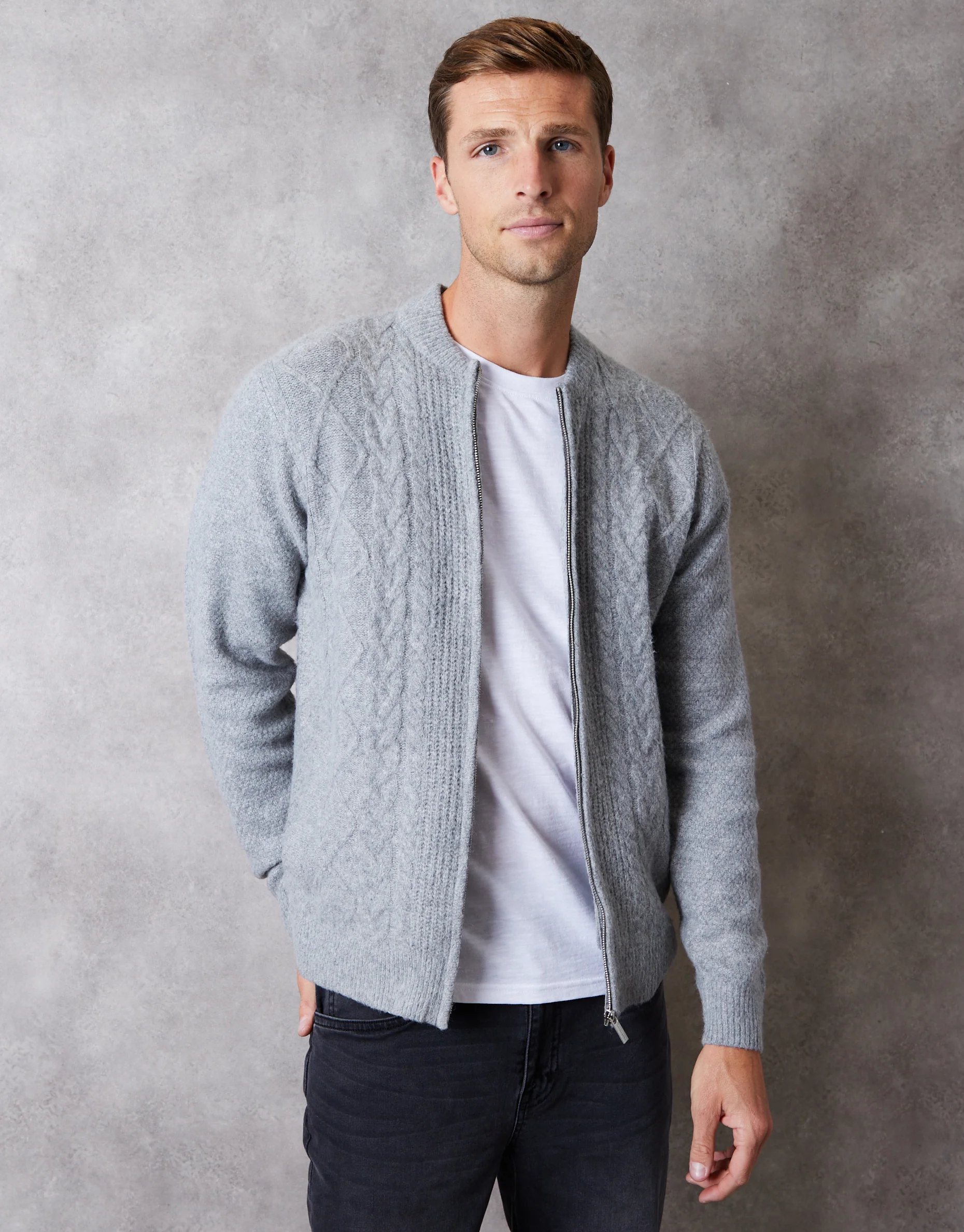 Bomber-Style Cable Knit Zip Through Cardigan in Grey