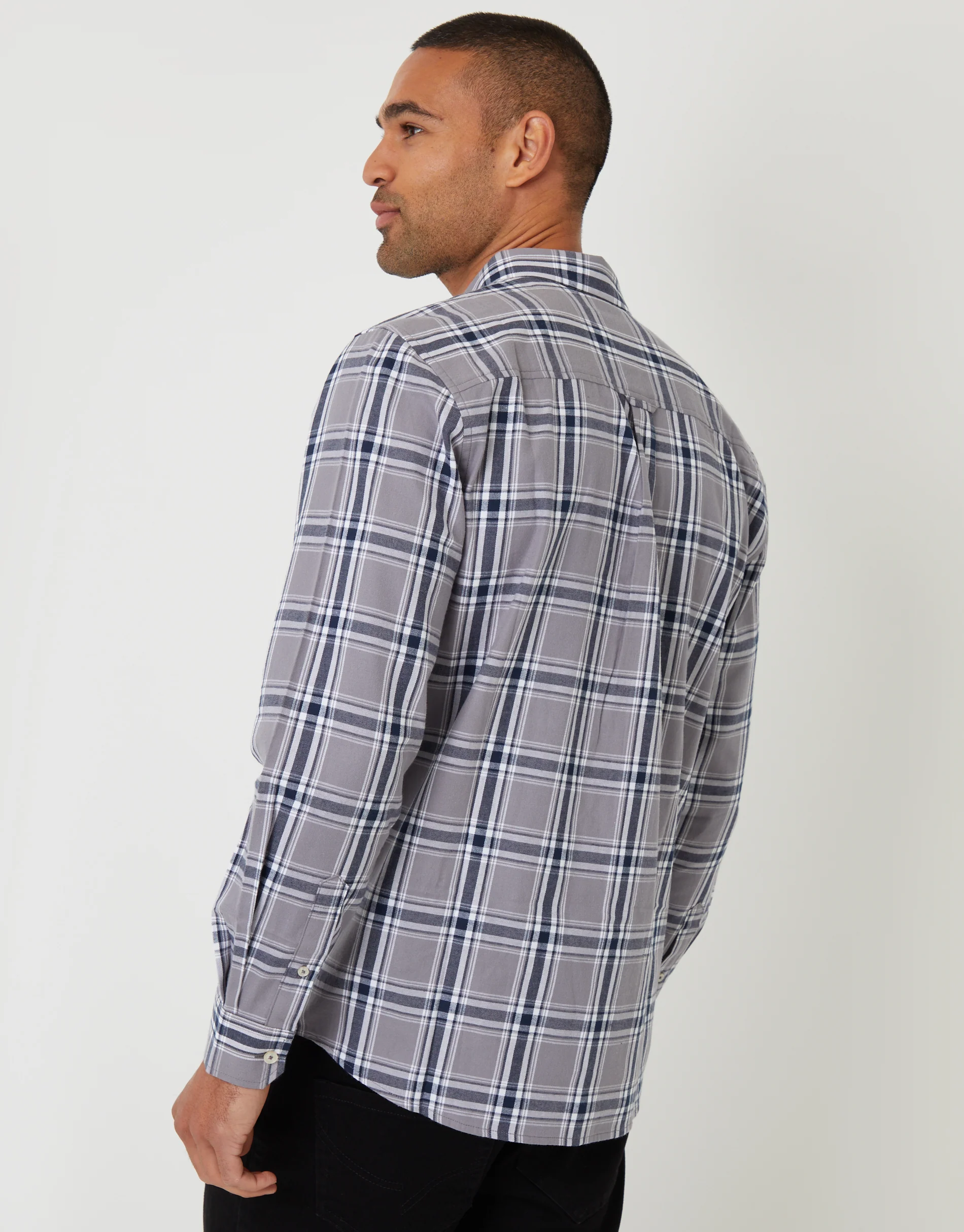 Brushed Flannel Long Sleeve Shirt in Grey Check - Image 2