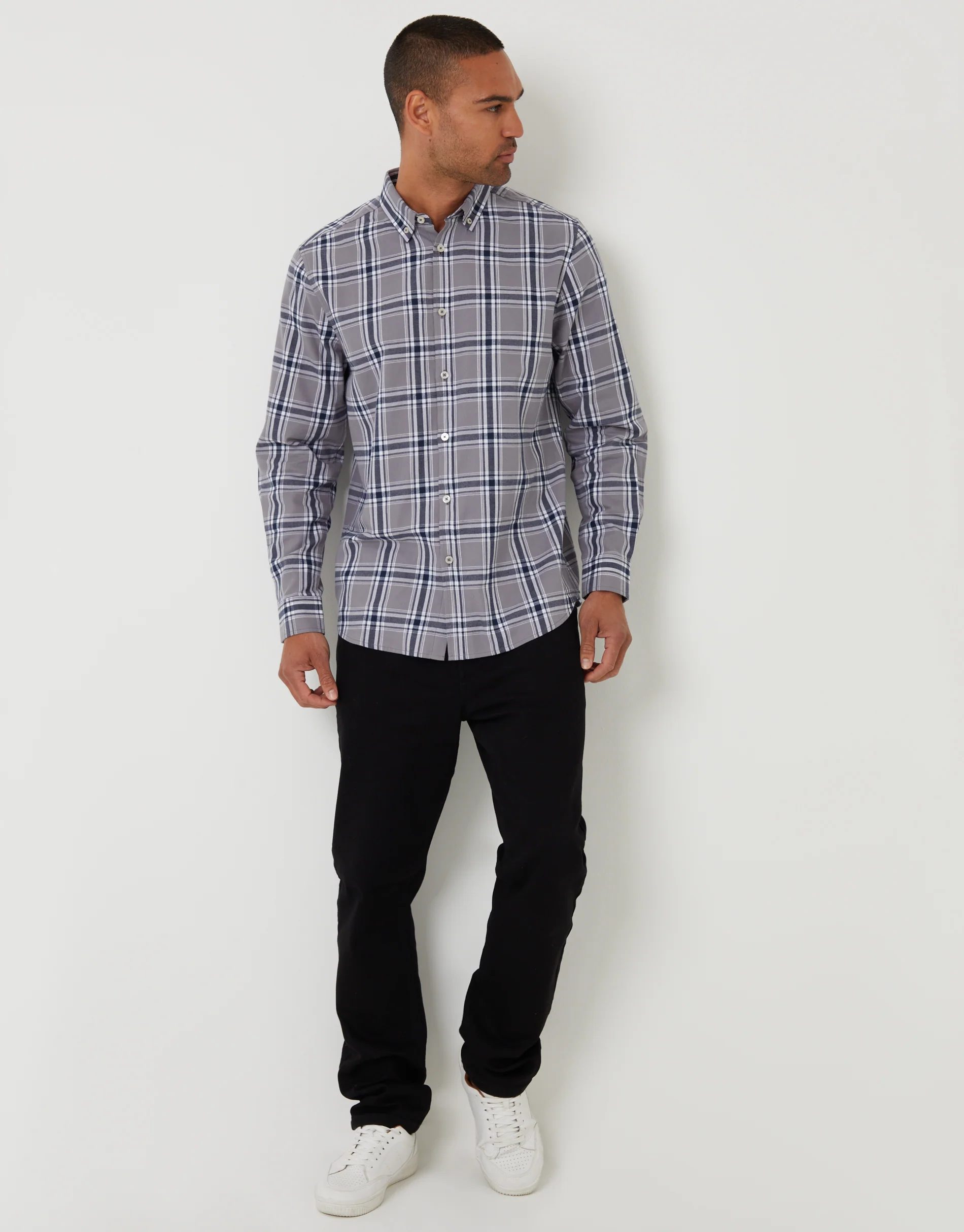 Brushed Flannel Long Sleeve Shirt in Grey Check - Image 3