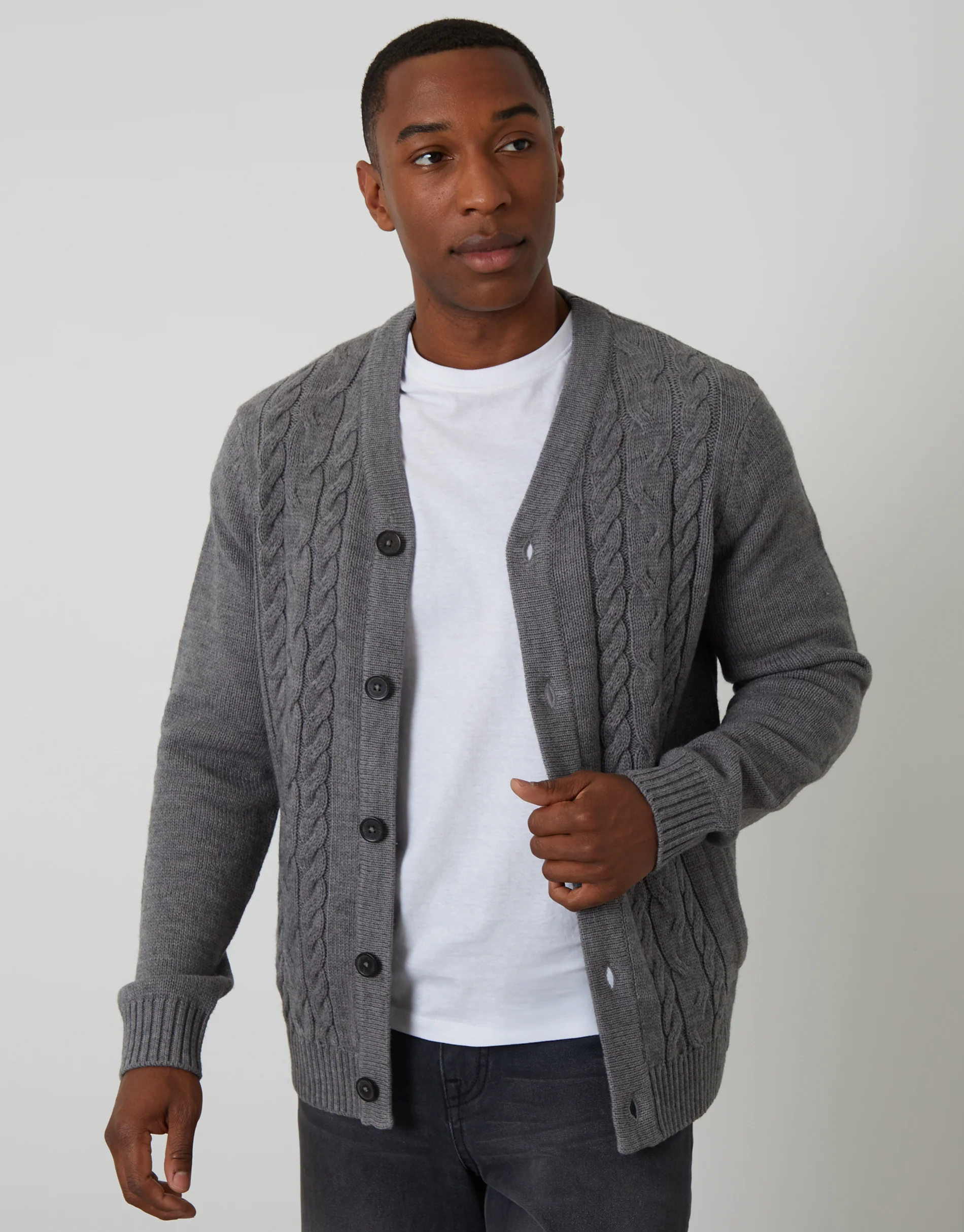 Cable Knit Detail V-Neck Cardigan in Grey