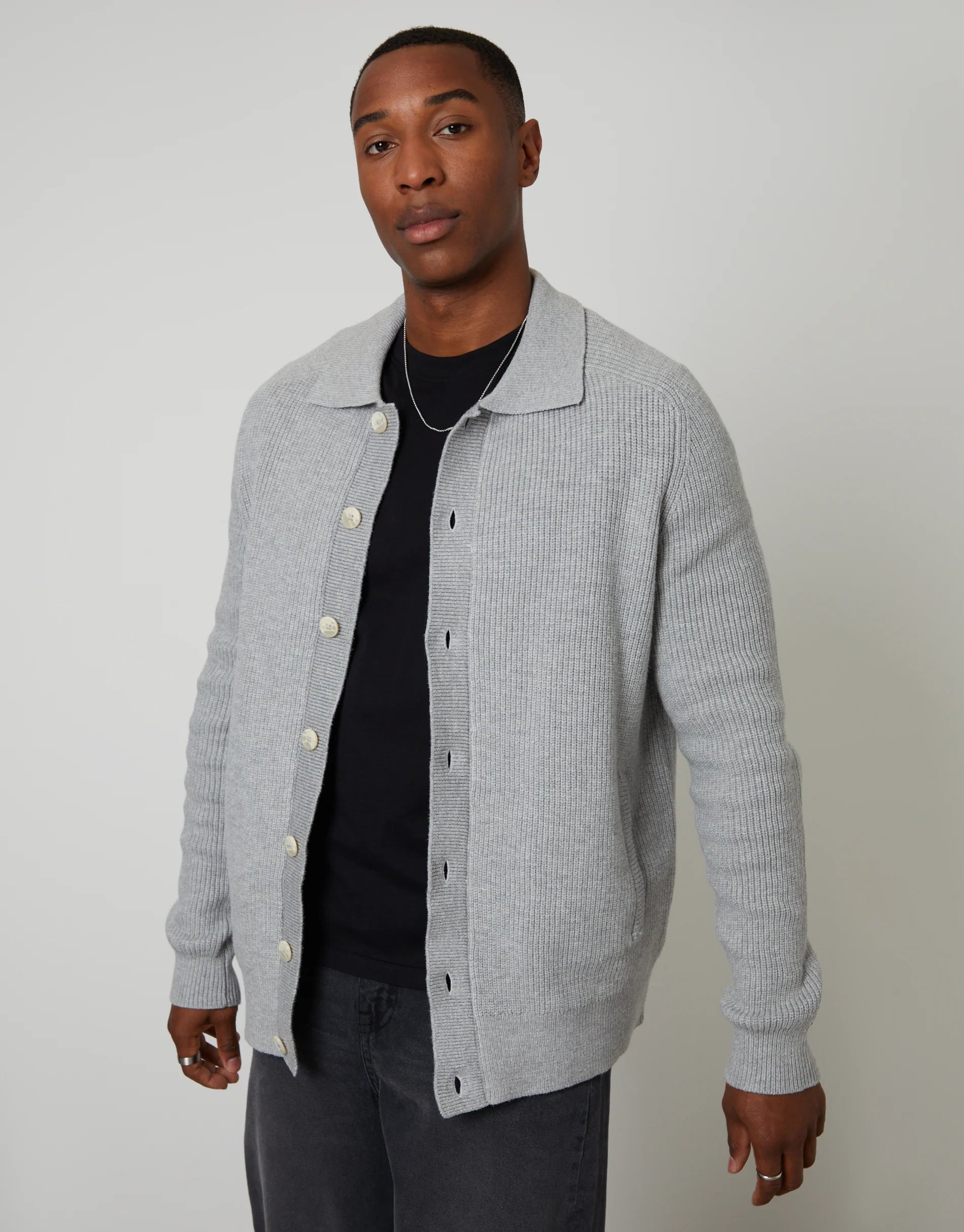 Knitted Collared Cardigan Jacket in Grey