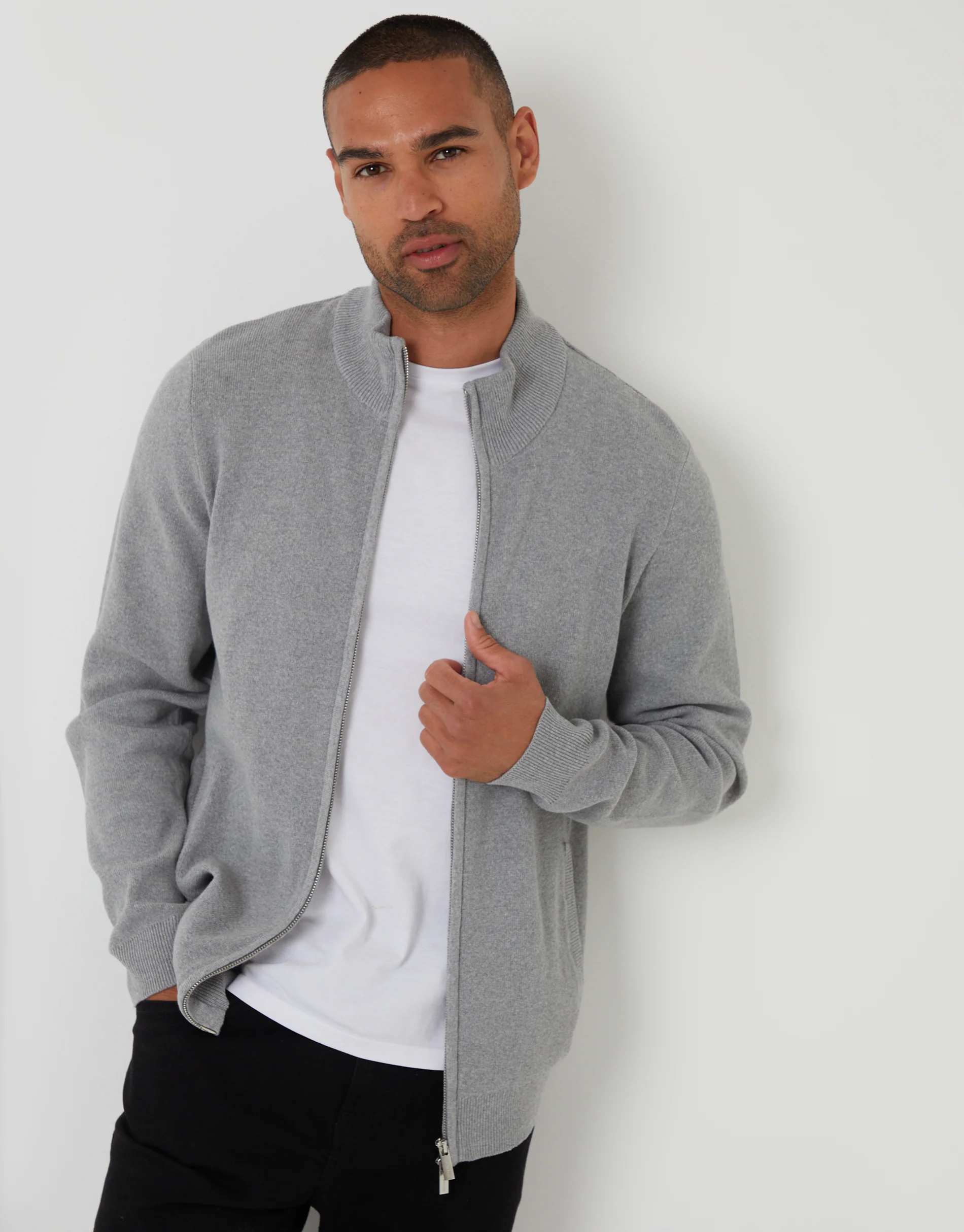 Knitted Zip Up Funnel Neck Cardigan in Grey