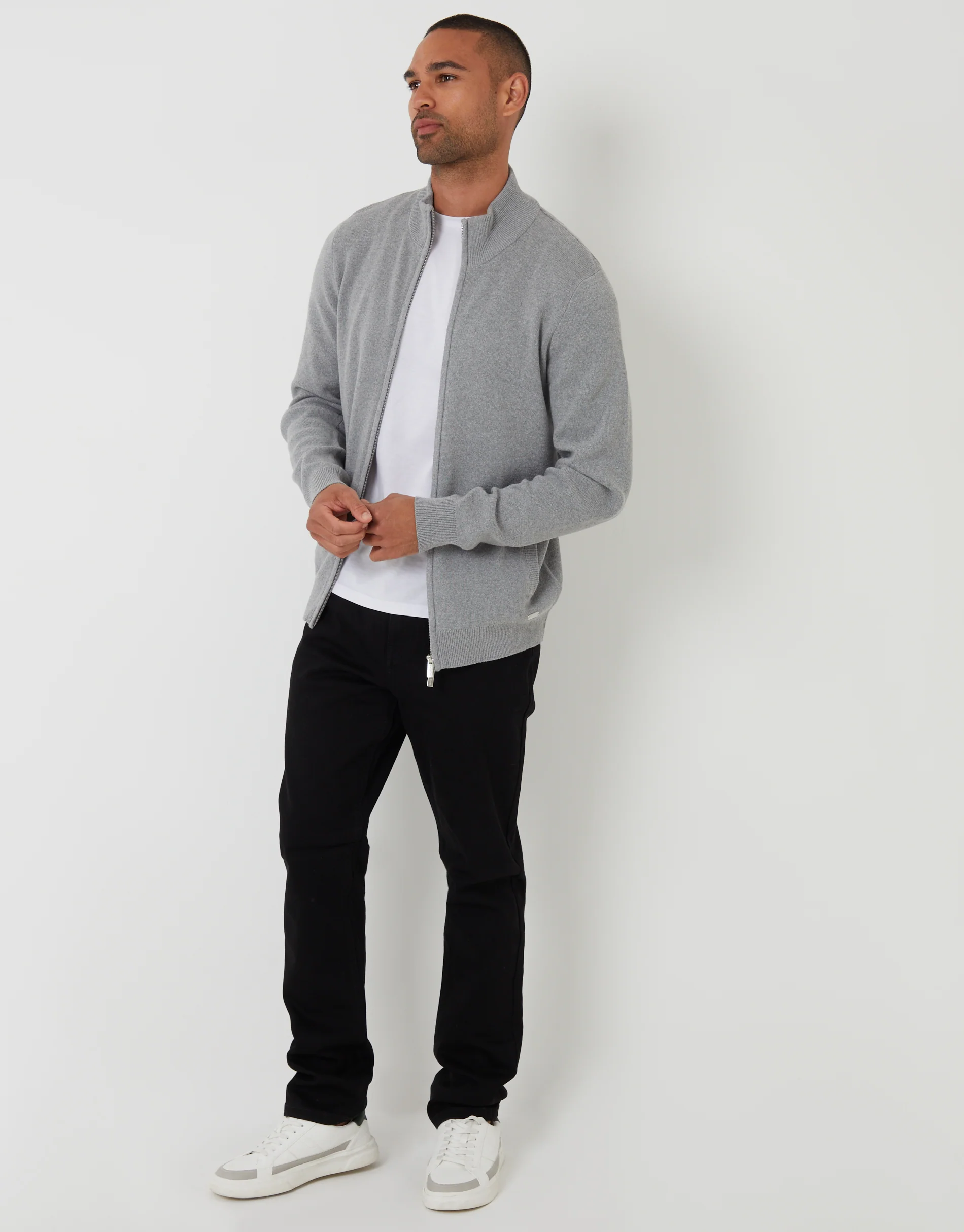 Knitted Zip Up Funnel Neck Cardigan in Grey - Image 3