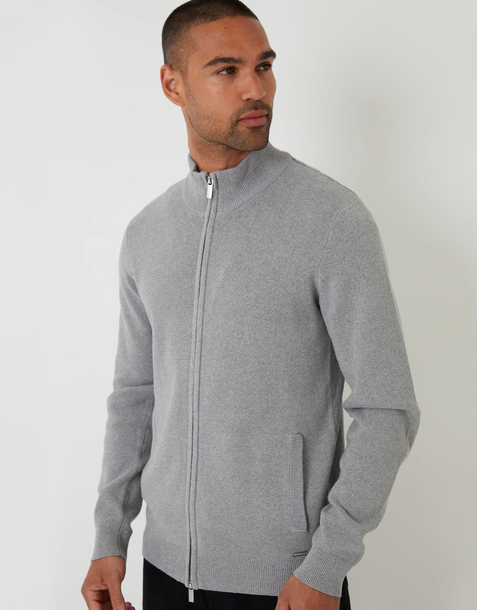 Knitted Zip Up Funnel Neck Cardigan in Grey - Image 4