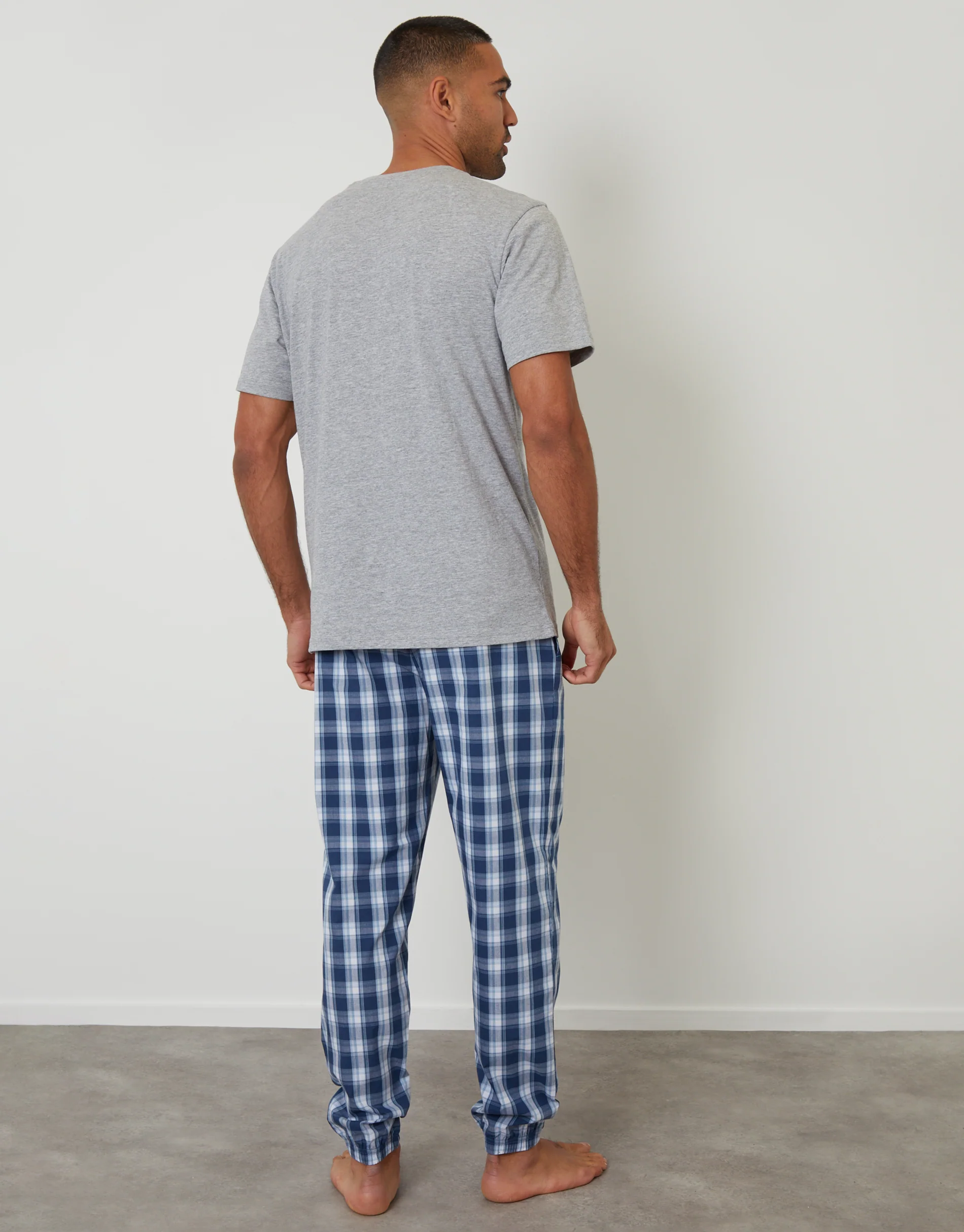 T-Shirt & Cuffed Bottoms Pyjama Set in Grey Marl & Blue Check - Image 3