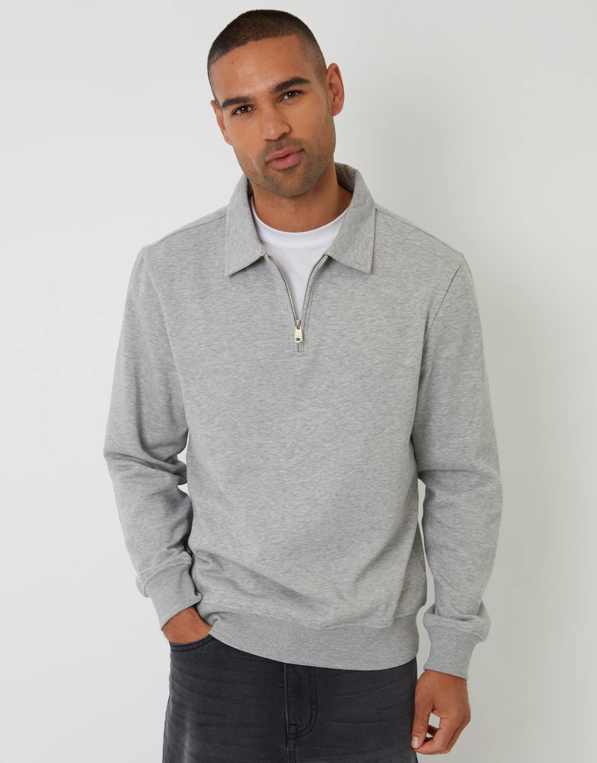 Quarter Zip Collared Sweatshirt in Grey Marl