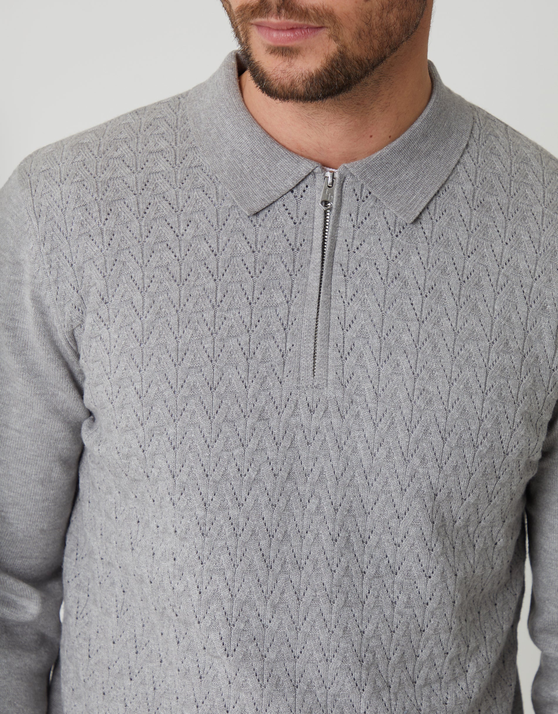 Textured Knit Quarter Zip Polo Jumper in Grey Marl - Image 4