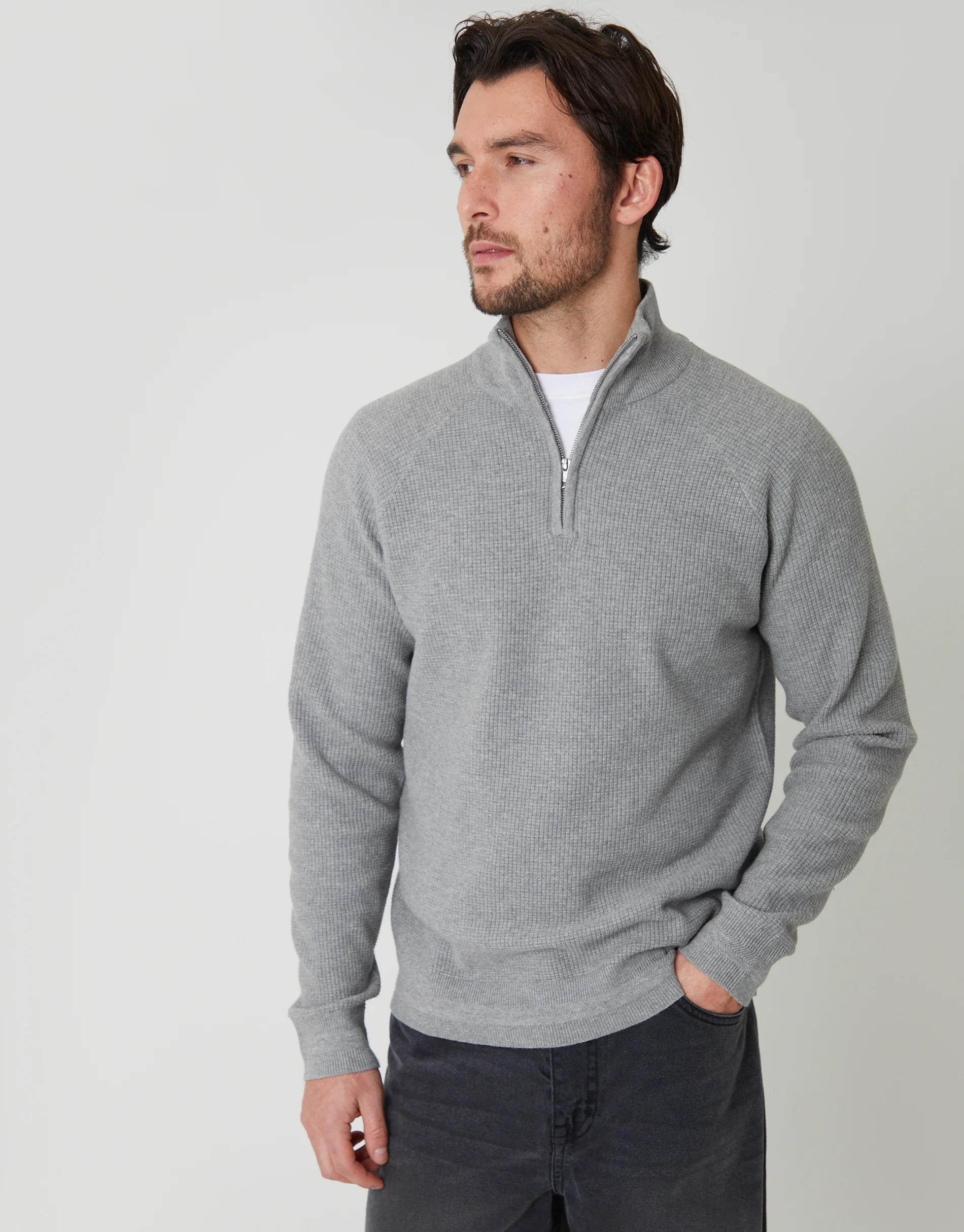 Waffle Knit Raglan Quarter Zip Jumper in Grey Marl