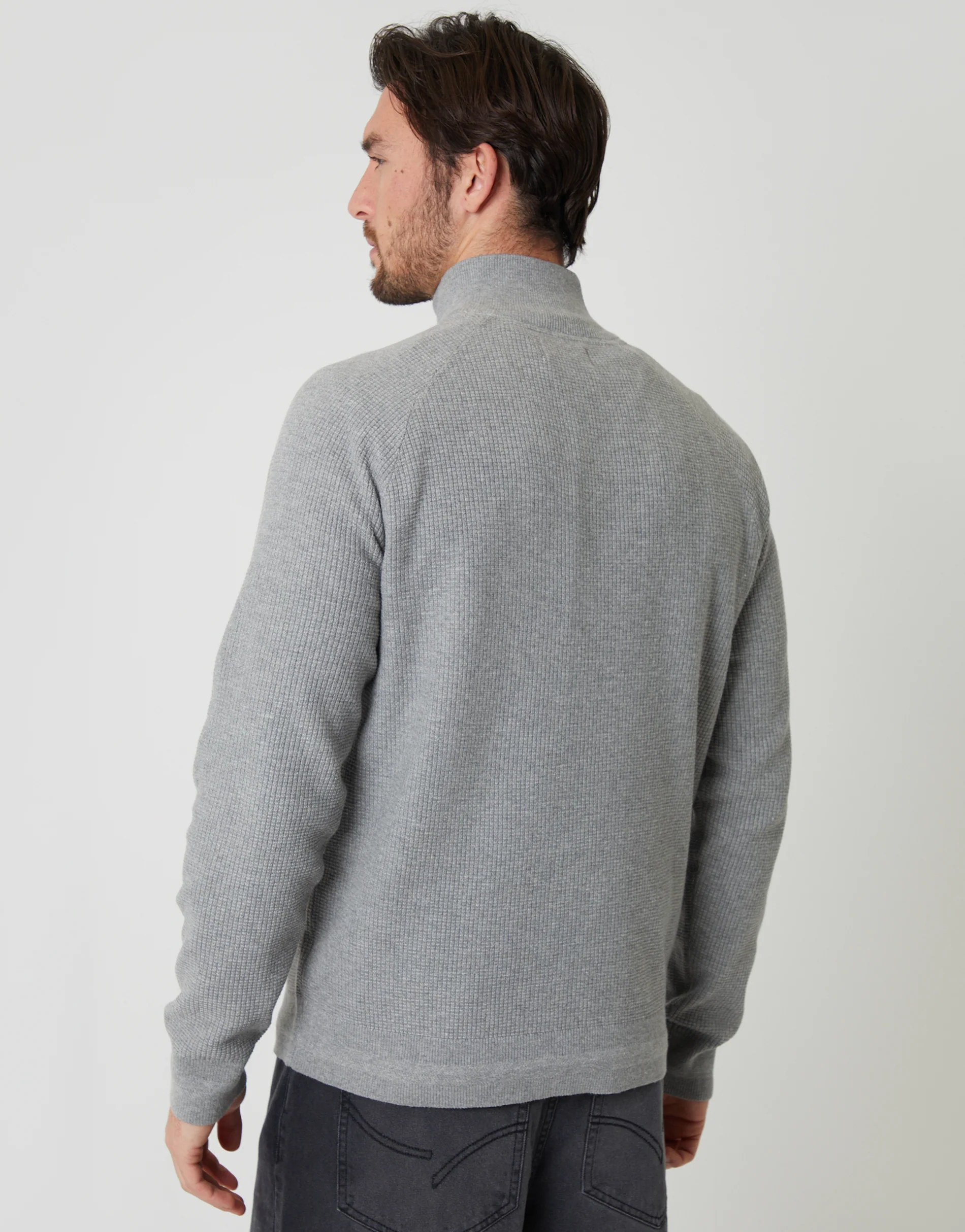 Waffle Knit Raglan Quarter Zip Jumper in Grey Marl - Image 2