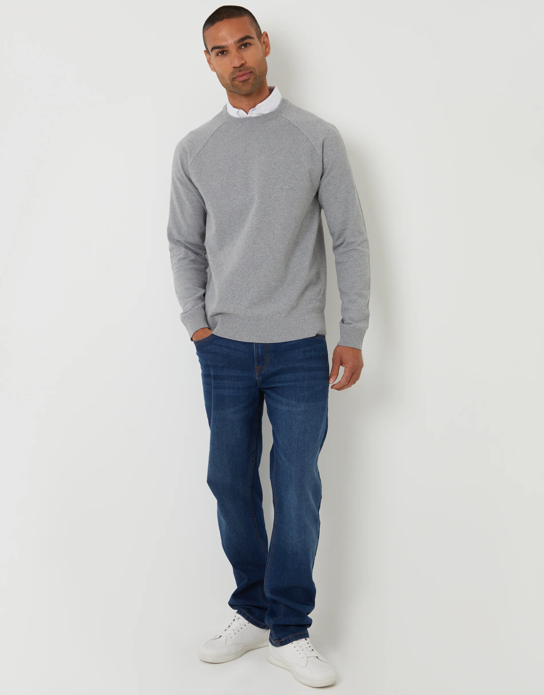 Mock Shirt Raglan Knitted Jumper in Grey - Image 3