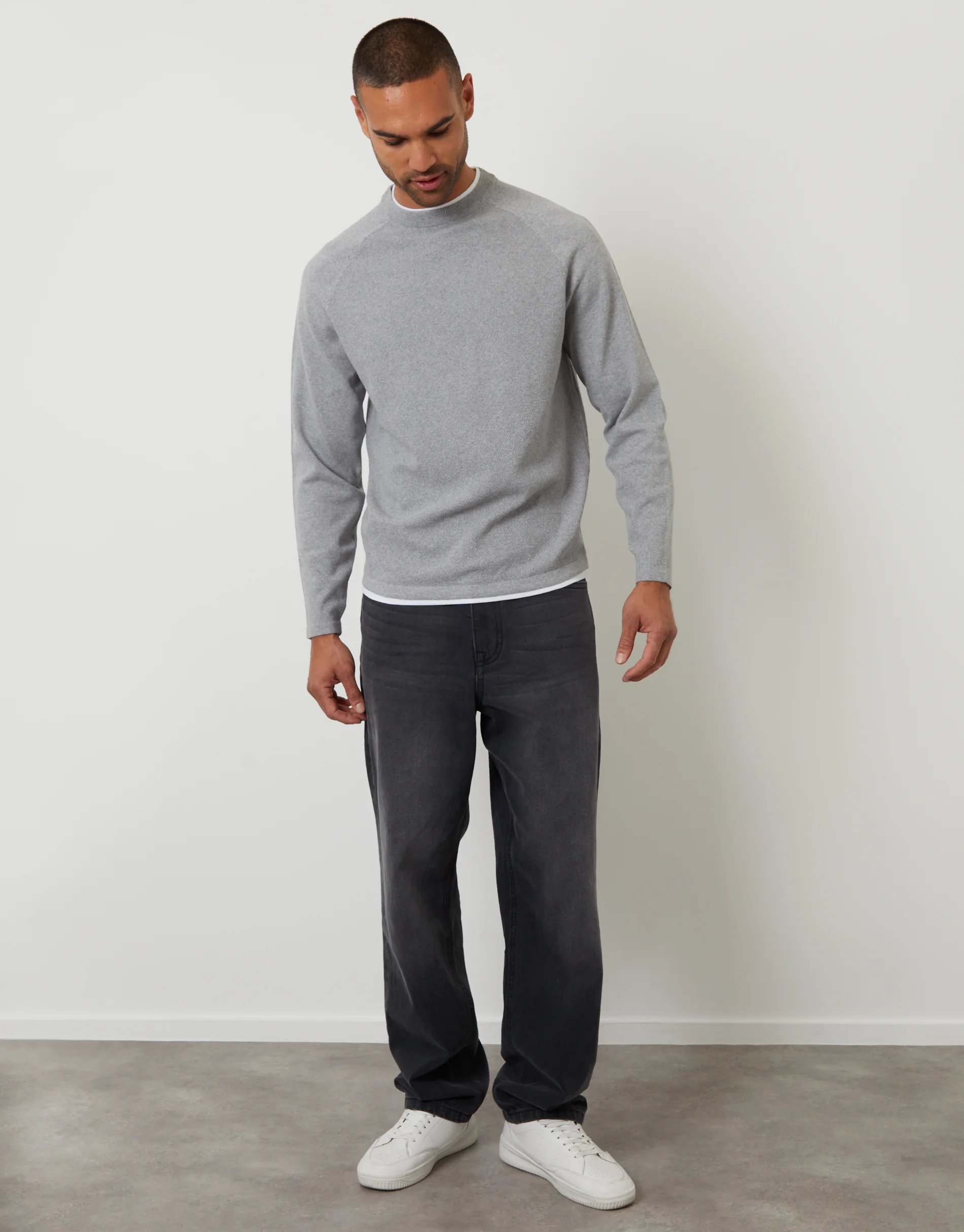 Mock Tee Textured Knit Crew Neck Jumper in Grey - Image 3