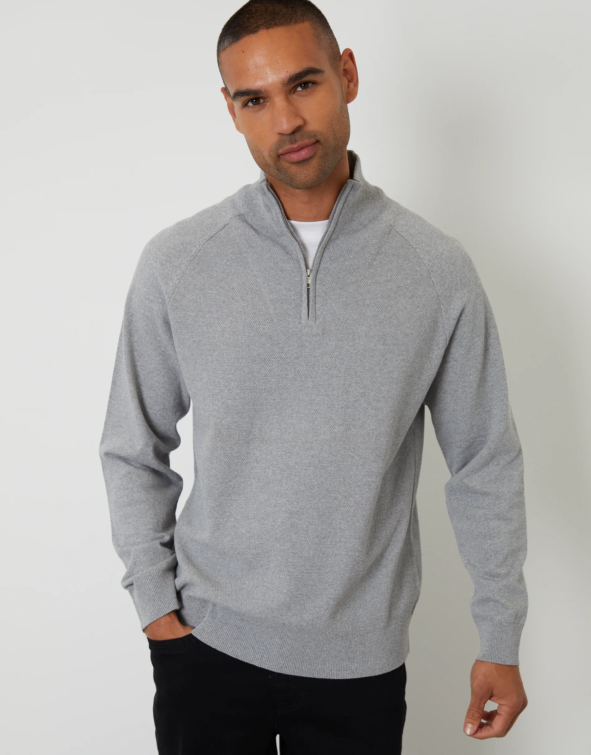 Mock Tee Textured Knit Quarter Zip Jumper in Grey