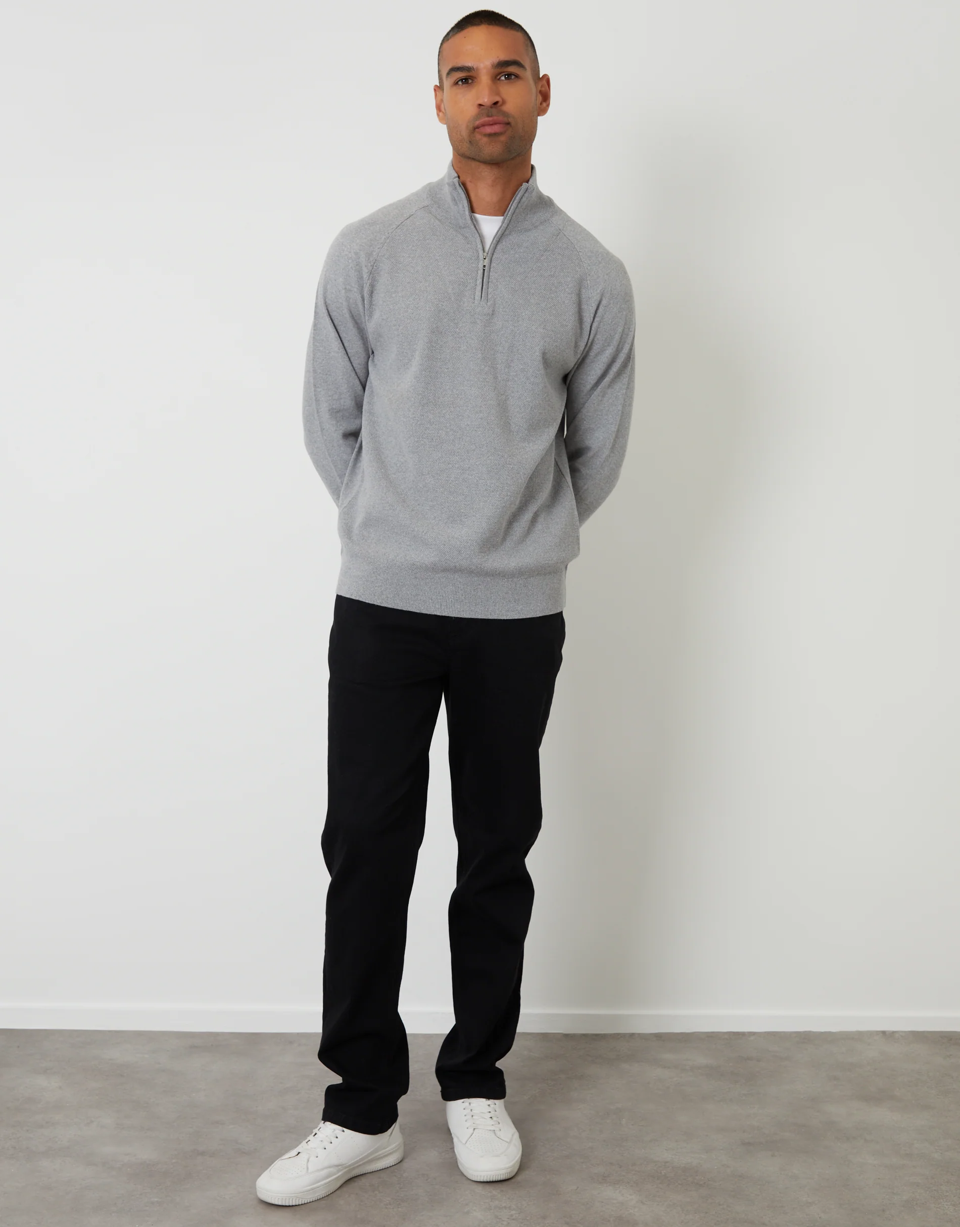 Mock Tee Textured Knit Quarter Zip Jumper in Grey - Image 3
