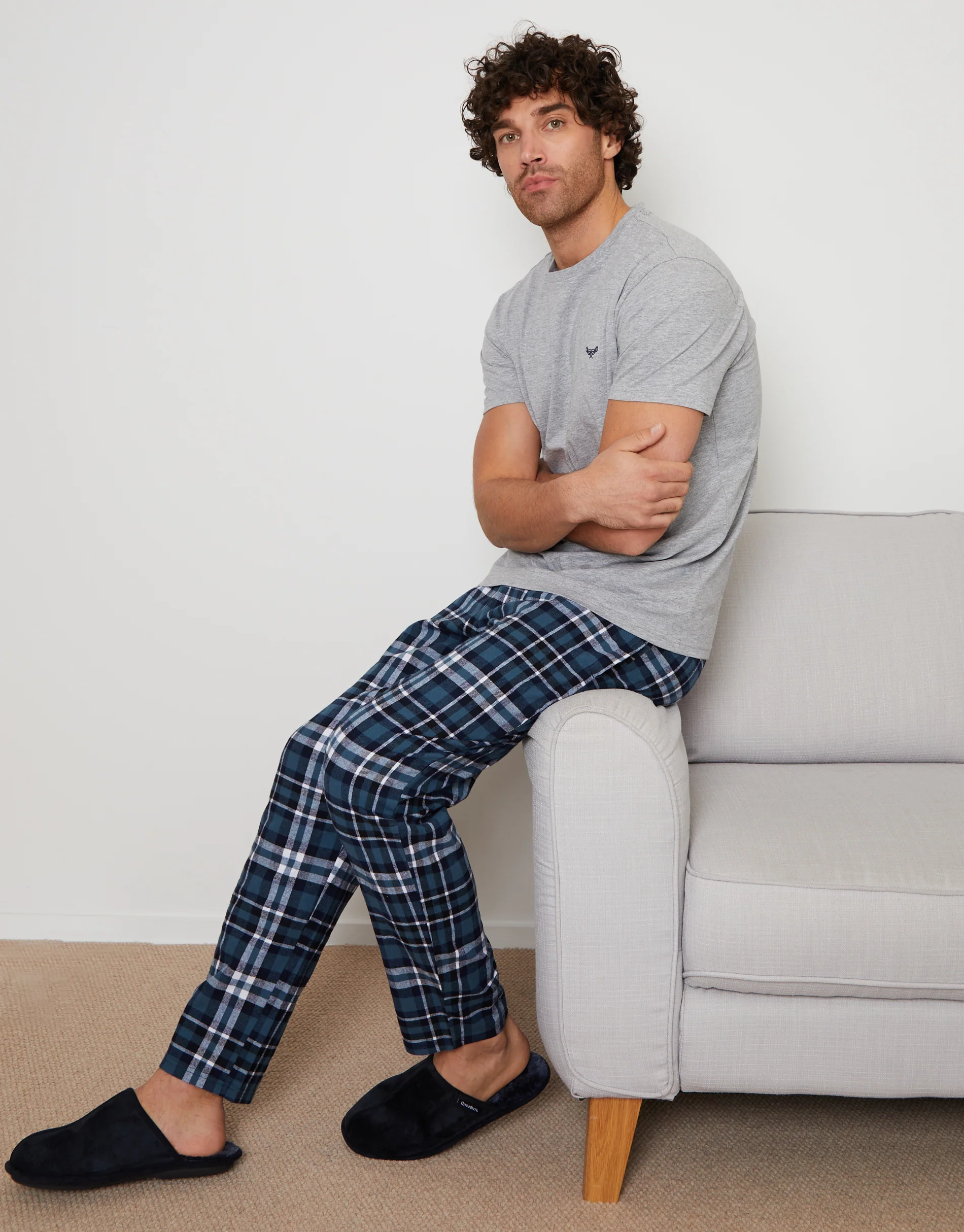 2 Pack Short Sleeve T-Shirt & Pants Pyjama Sets in Grey & Navy Check - Image 3