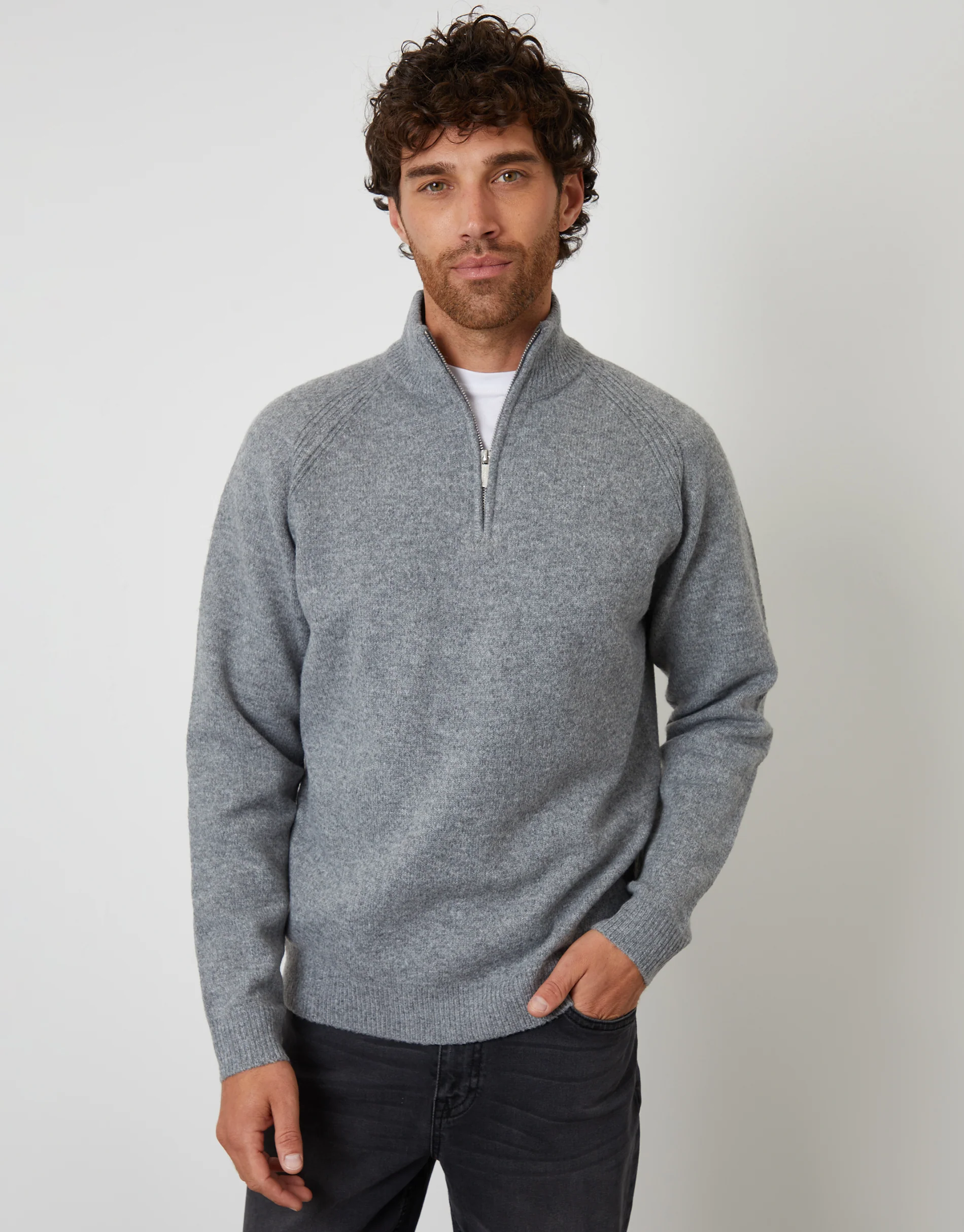 Raglan Rib Quarter Zip Knitted Jumper in Grey