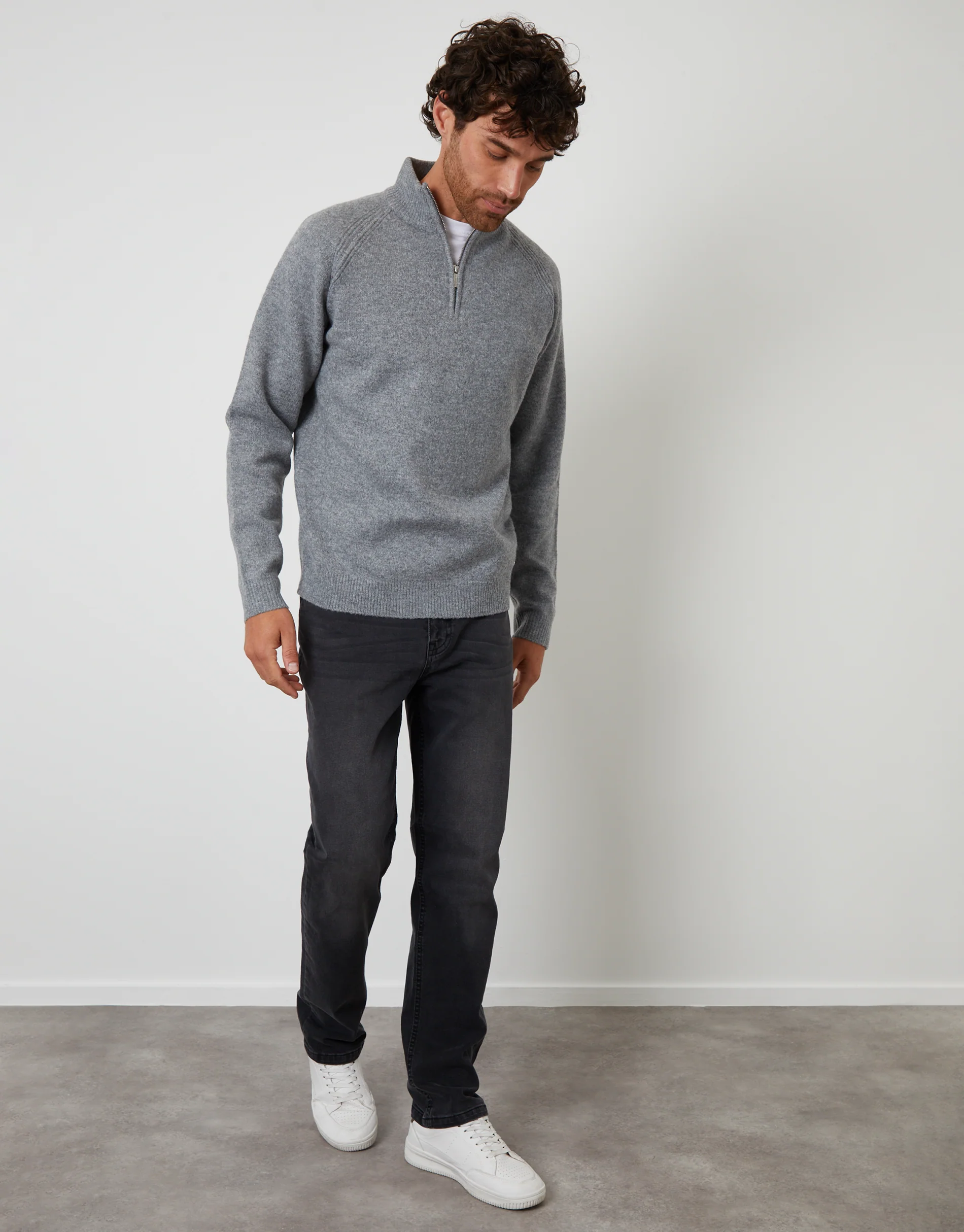 Raglan Rib Quarter Zip Knitted Jumper in Grey - Image 3