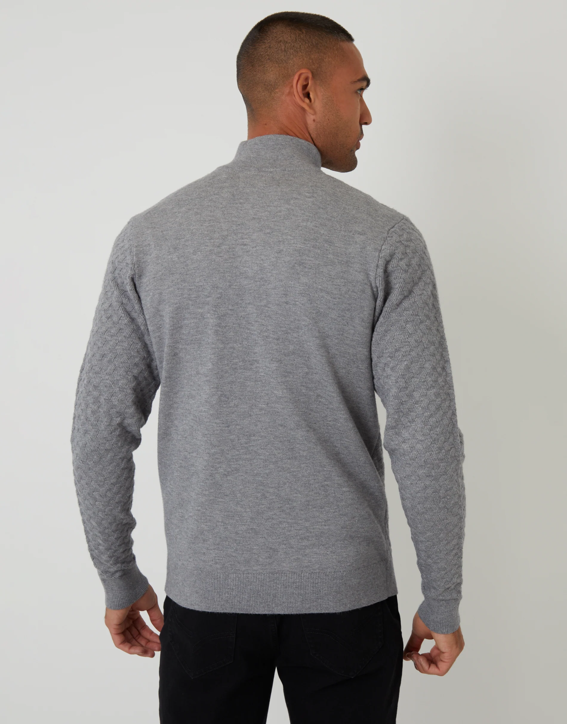 Textured Cable Knit Quarter Zip Jumper in Grey - Image 2
