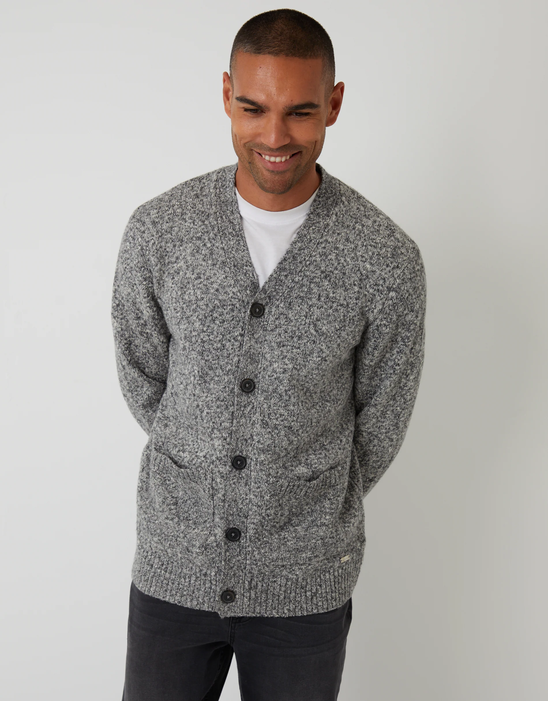 Knitted Button Up Cardigan in Grey Twist