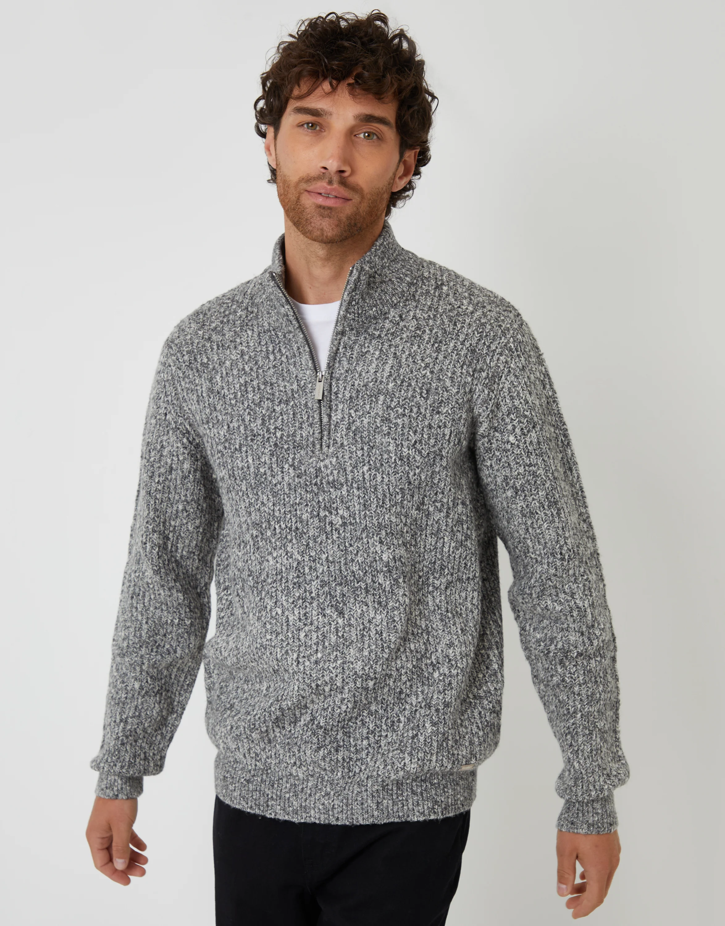 Knitted Quarter Zip Jumper in Grey Twist