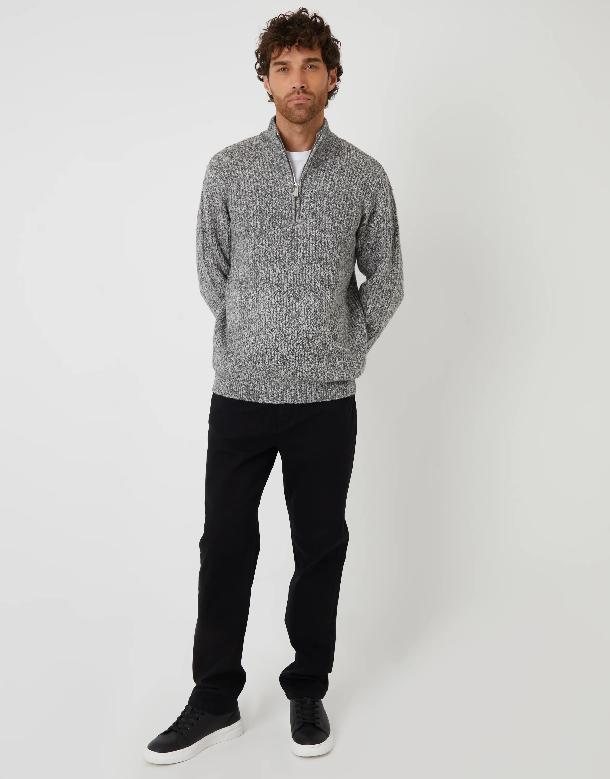 Knitted Quarter Zip Jumper in Grey Twist - Image 3