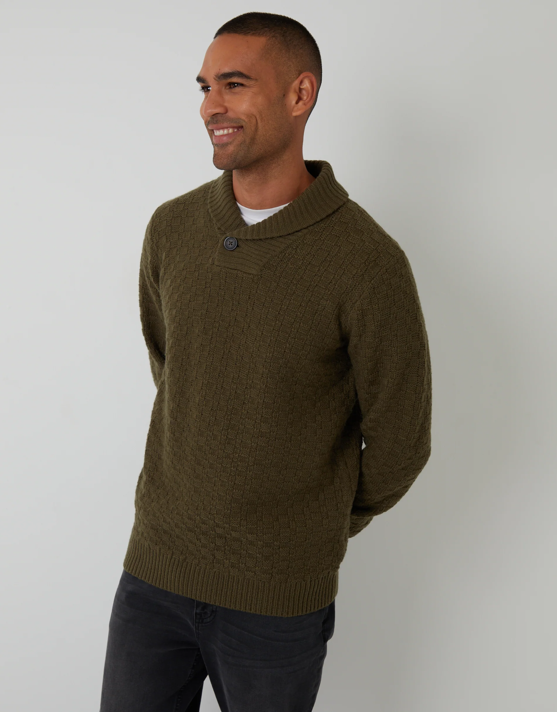 Basket Stitch Knitted Shawl Neck Jumper in Khaki Green
