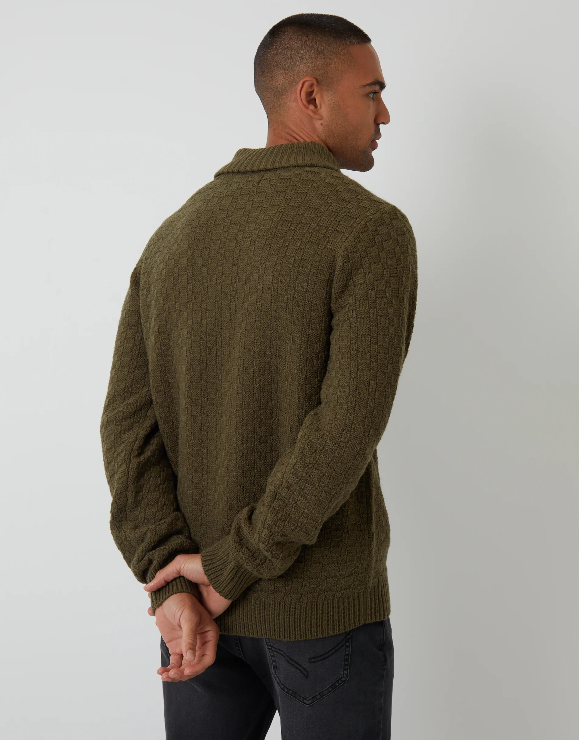 Basket Stitch Knitted Shawl Neck Jumper in Khaki Green - Image 2