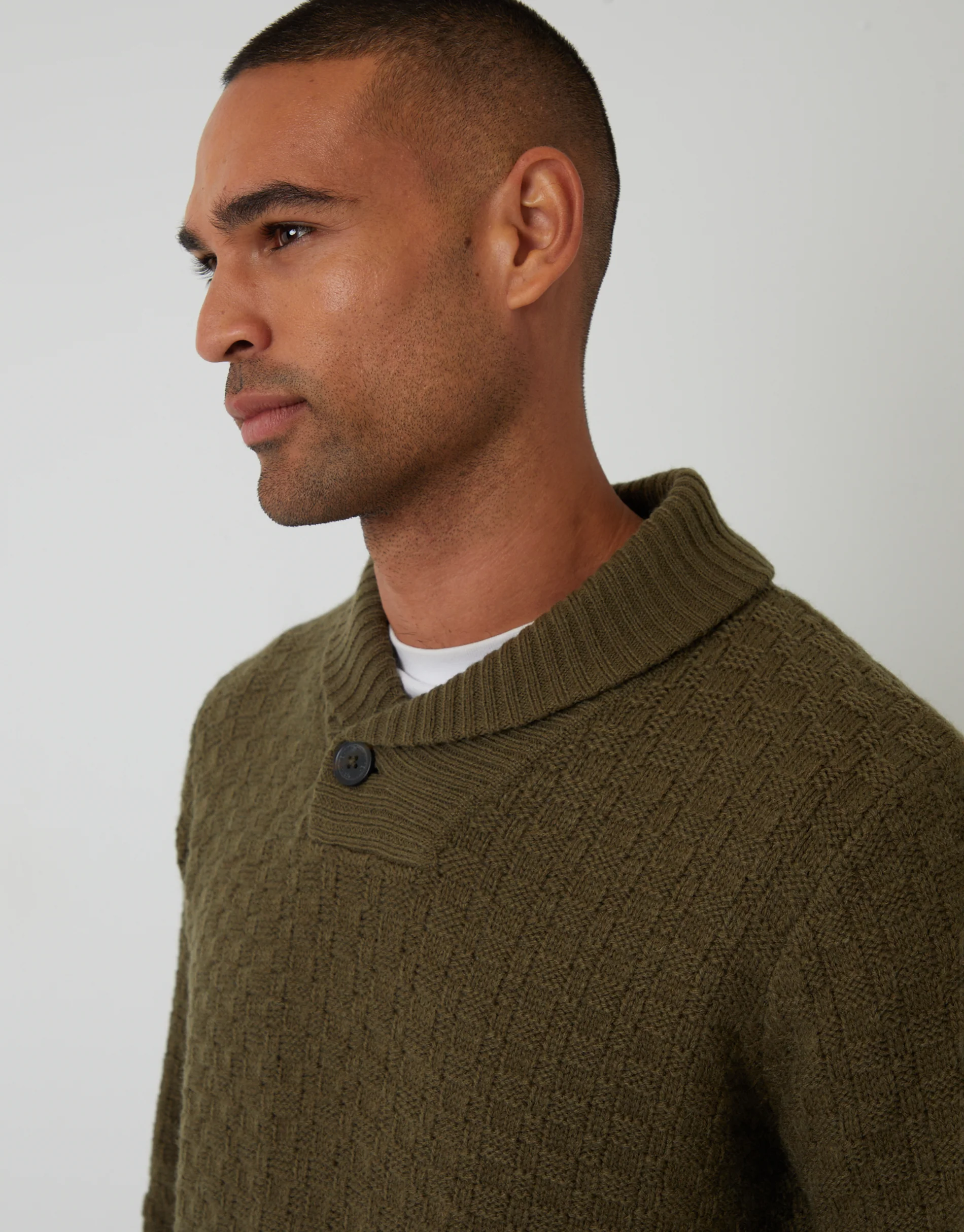 Basket Stitch Knitted Shawl Neck Jumper in Khaki Green - Image 4