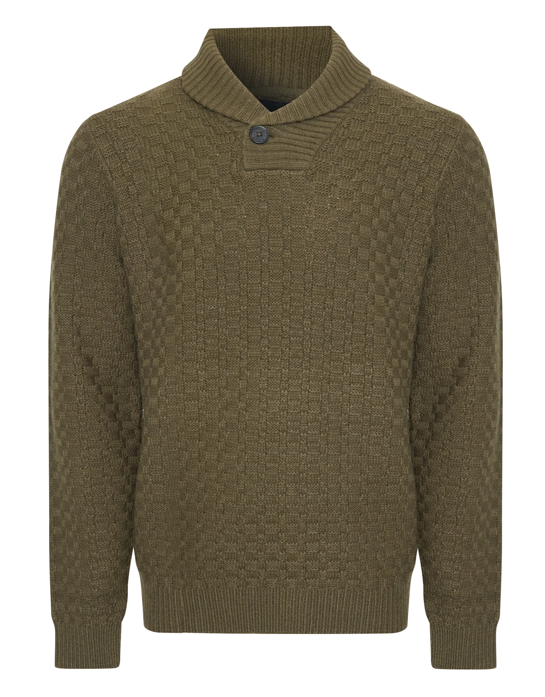 Basket Stitch Knitted Shawl Neck Jumper in Khaki Green - Image 7