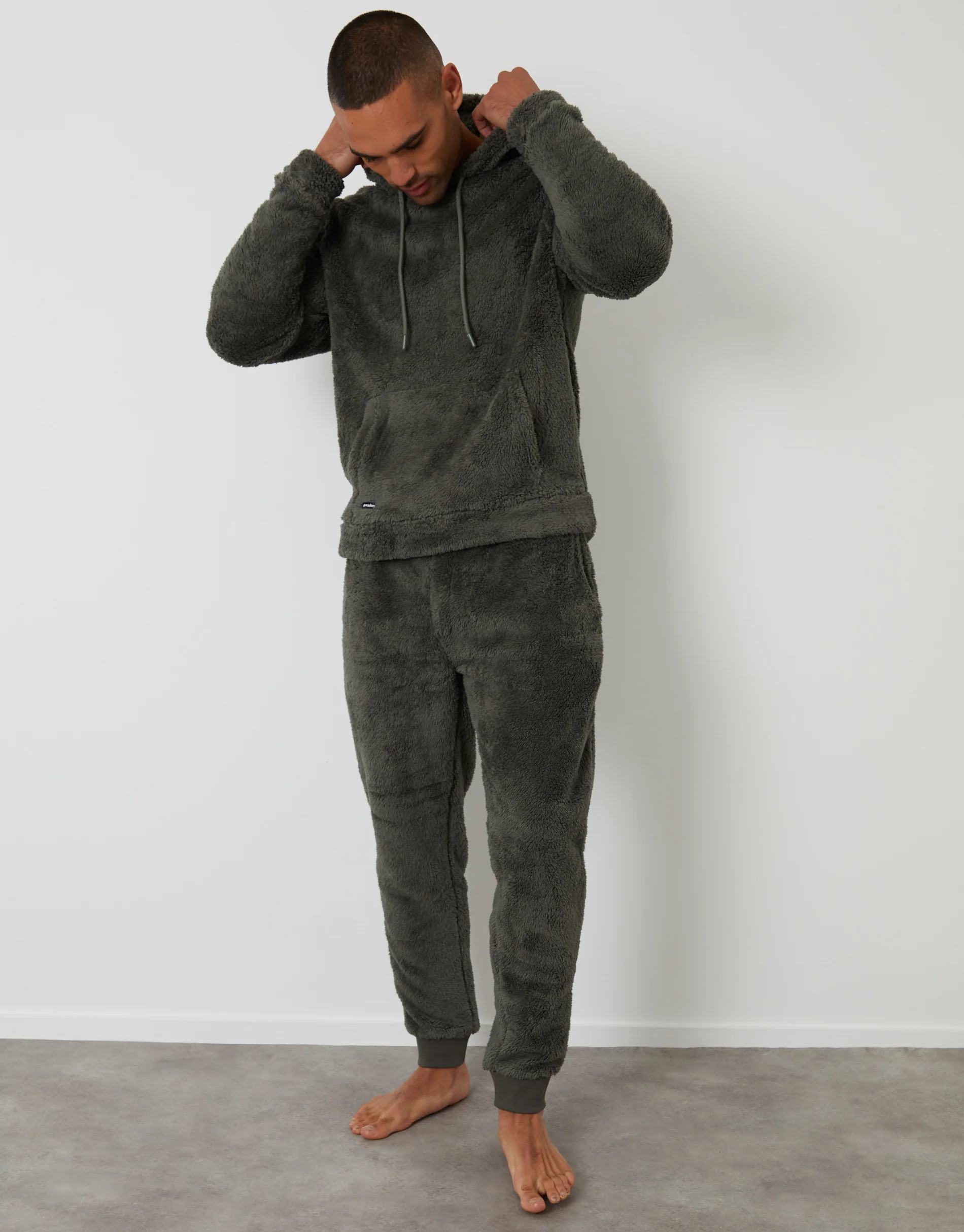 Borg Hoodie Lounge Set in Khaki Green