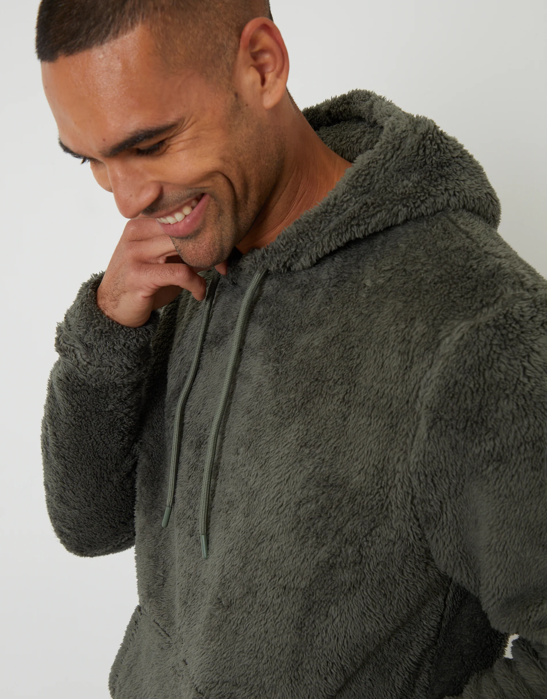 Borg Hoodie Lounge Set in Khaki Green - Image 2