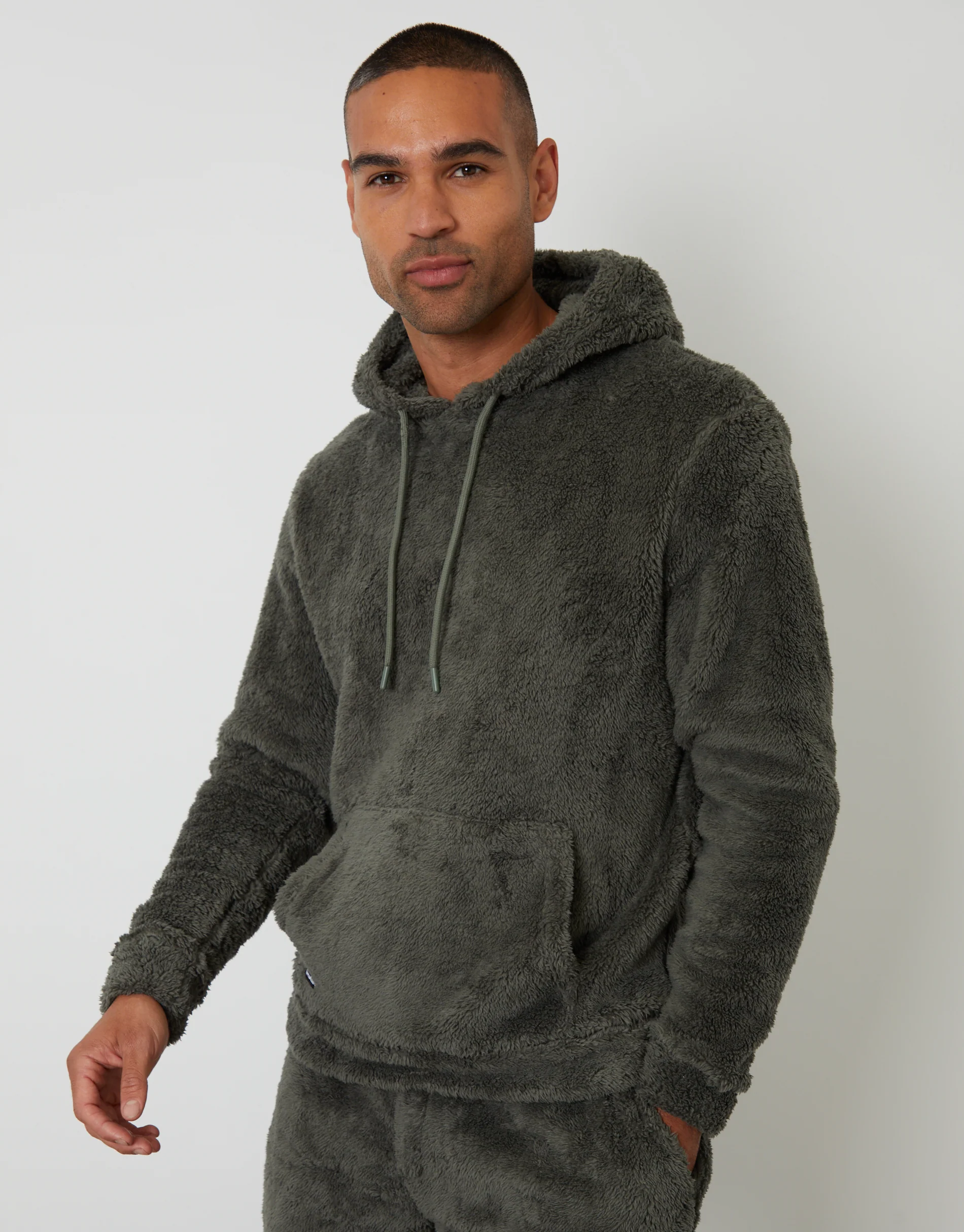 Borg Hoodie Lounge Set in Khaki Green - Image 4