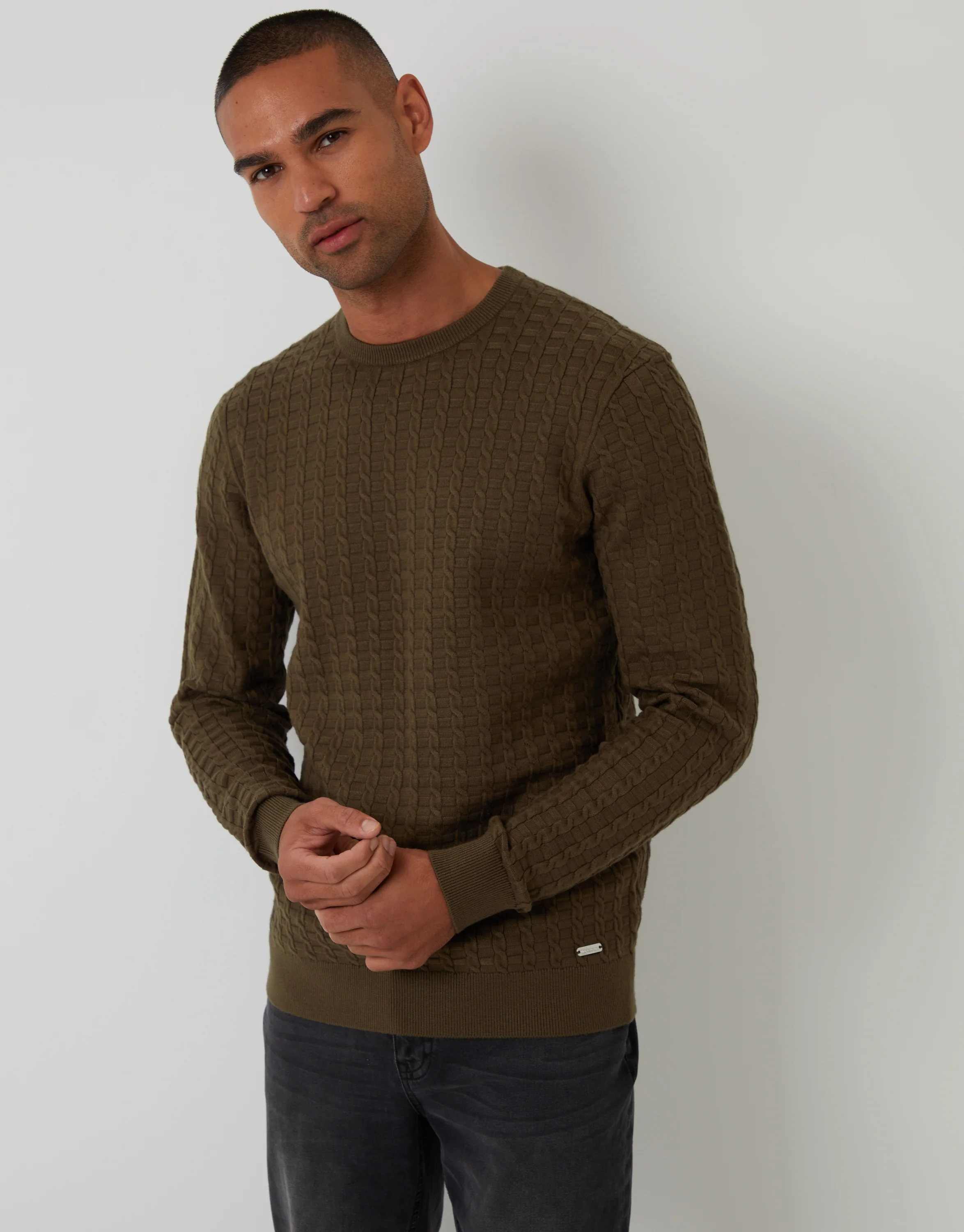 Cable Knit Crew Neck Jumper in Khaki Green