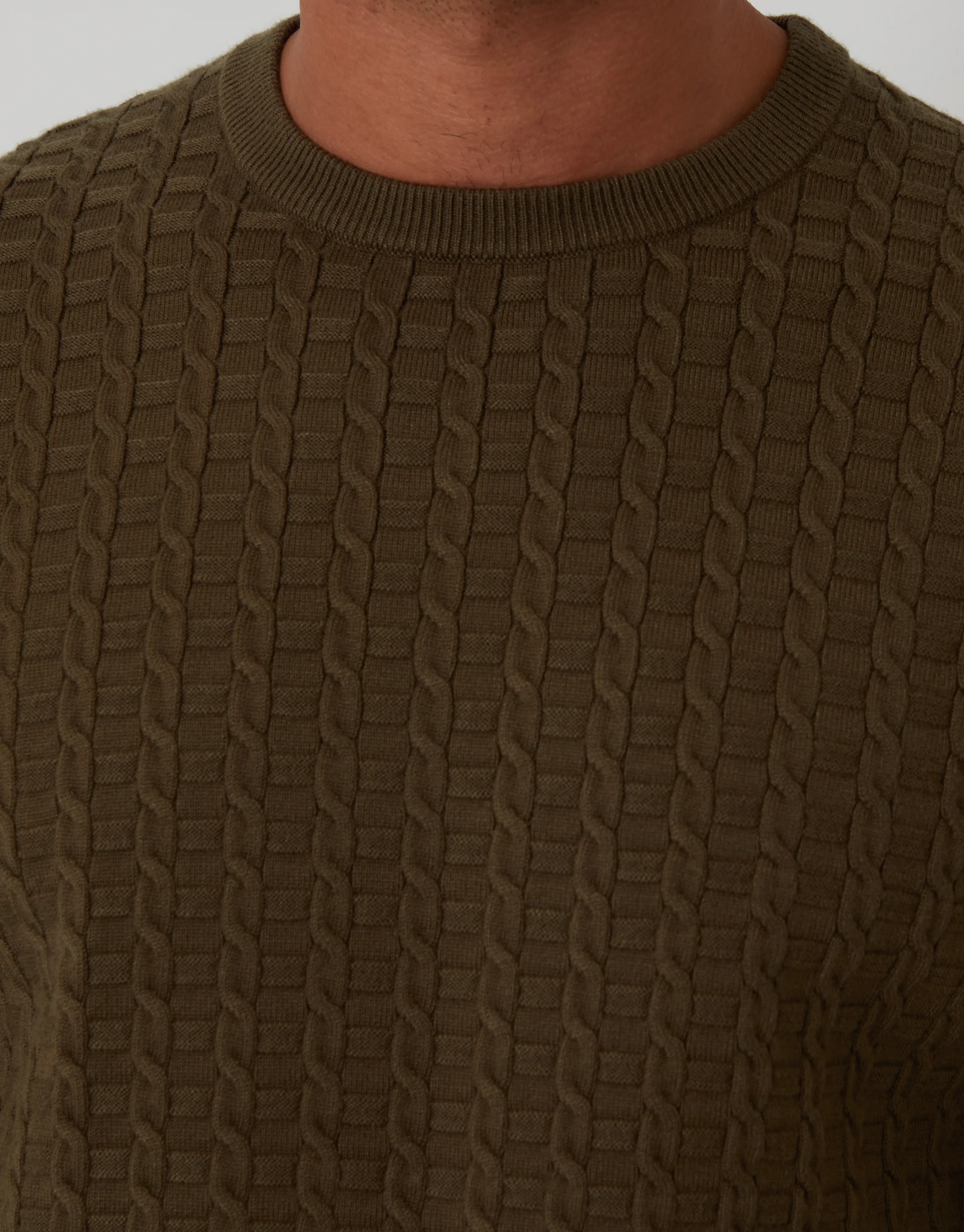 Cable Knit Crew Neck Jumper in Khaki Green - Image 4