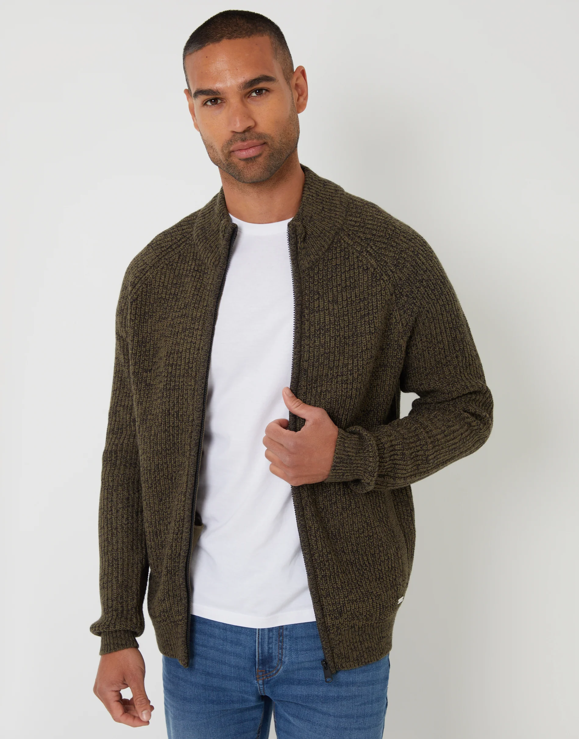 Full-Zip Cardigan in Khaki Green