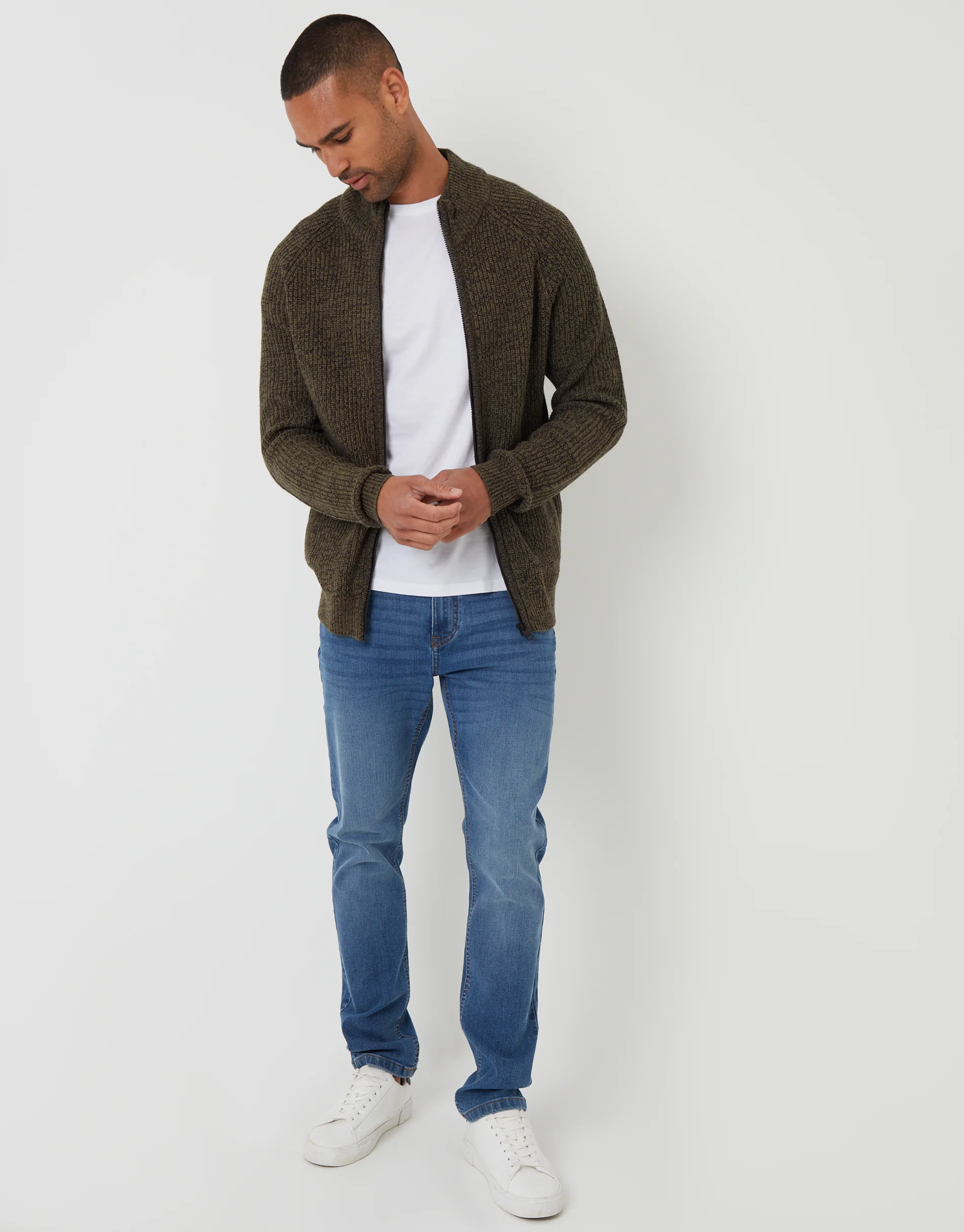 Full-Zip Cardigan in Khaki Green - Image 3