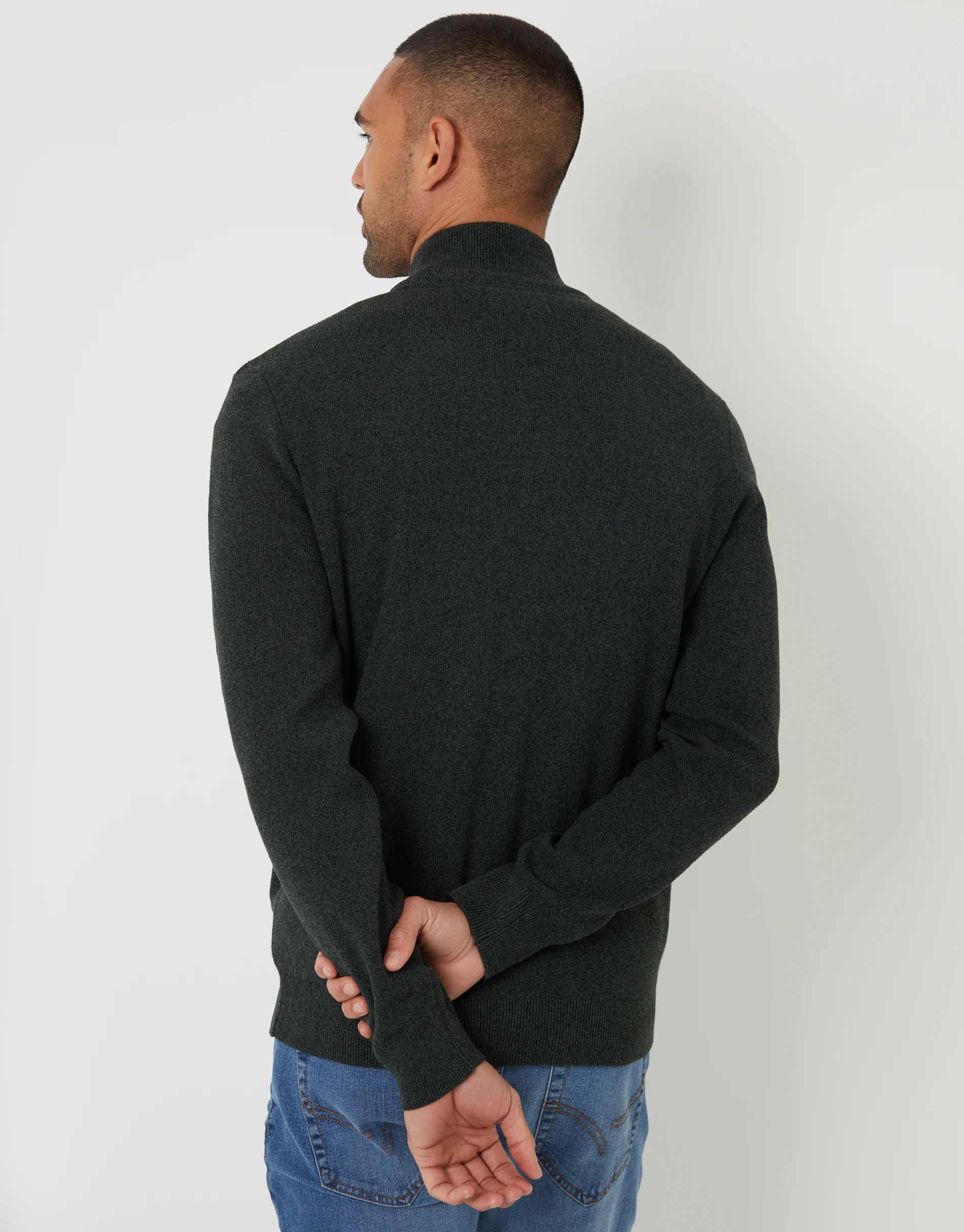 Knitted Quarter Zip Jumper in Khaki Green - Image 2