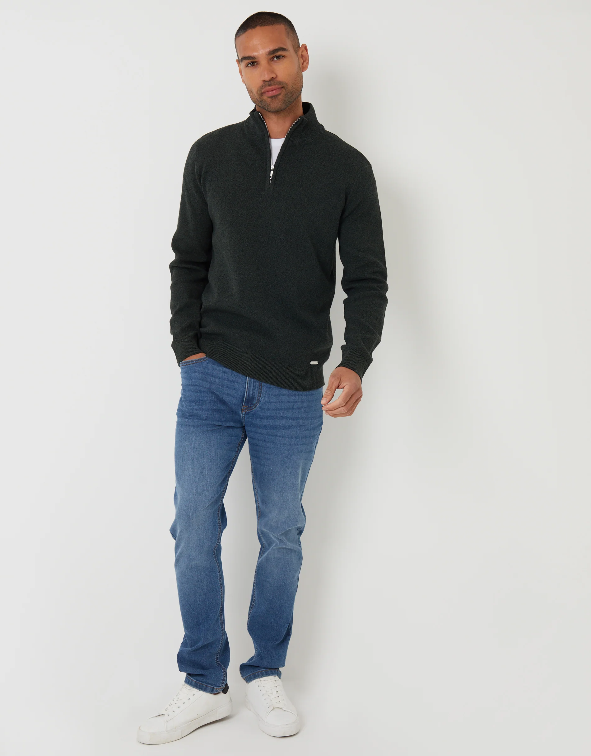 Knitted Quarter Zip Jumper in Khaki Green - Image 3
