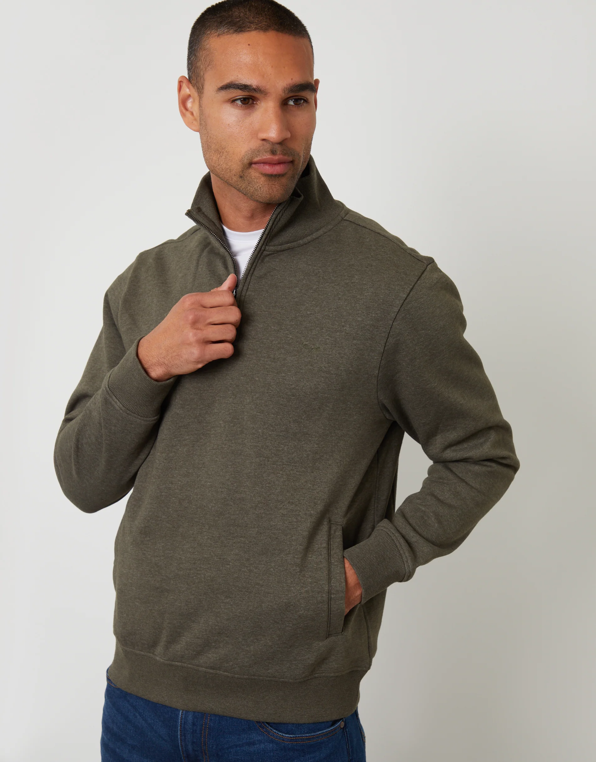 Quarter Zip Sweatshirt in Khaki Green Marl