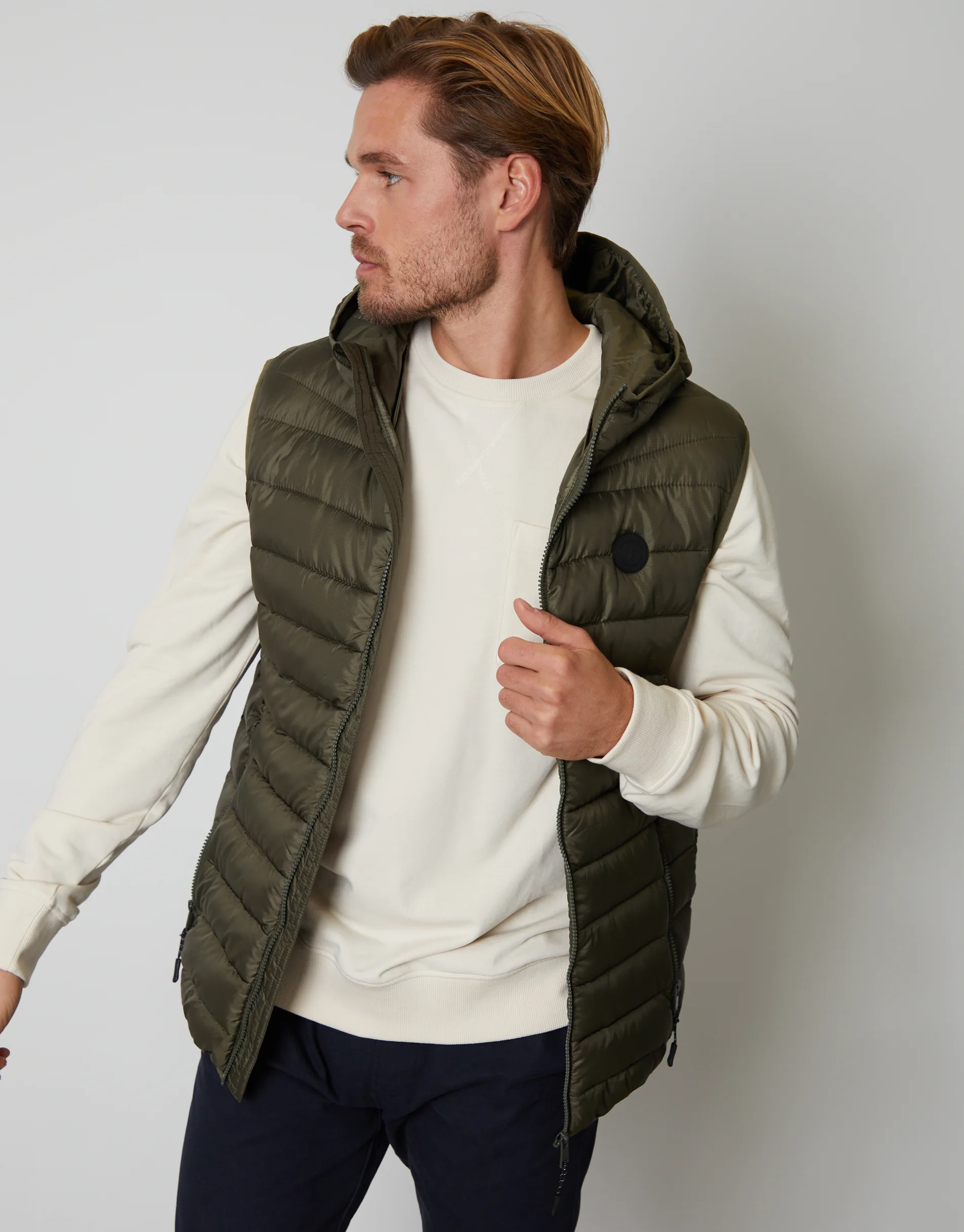 Matte Finish Padded Hooded Gilet in Khaki Green