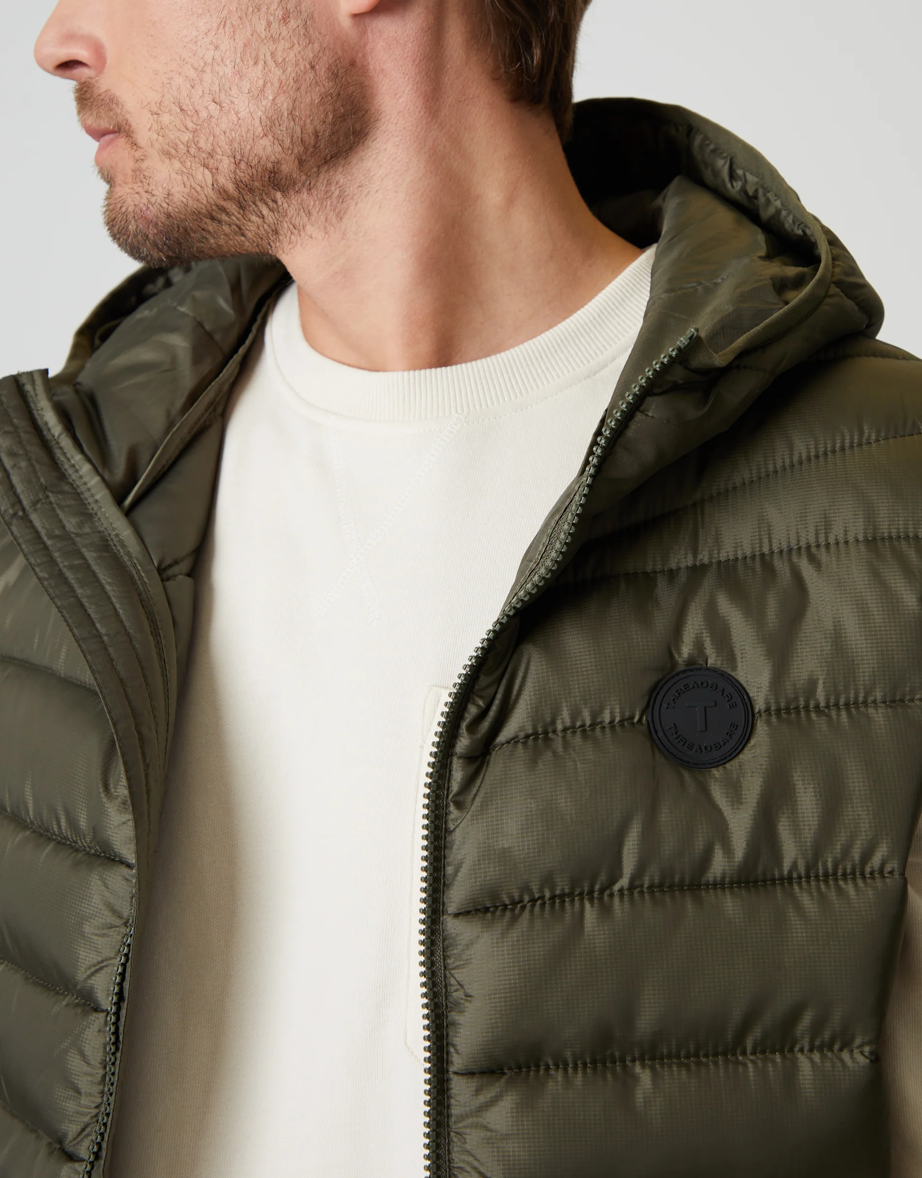 Matte Finish Padded Hooded Gilet in Khaki Green - Image 4