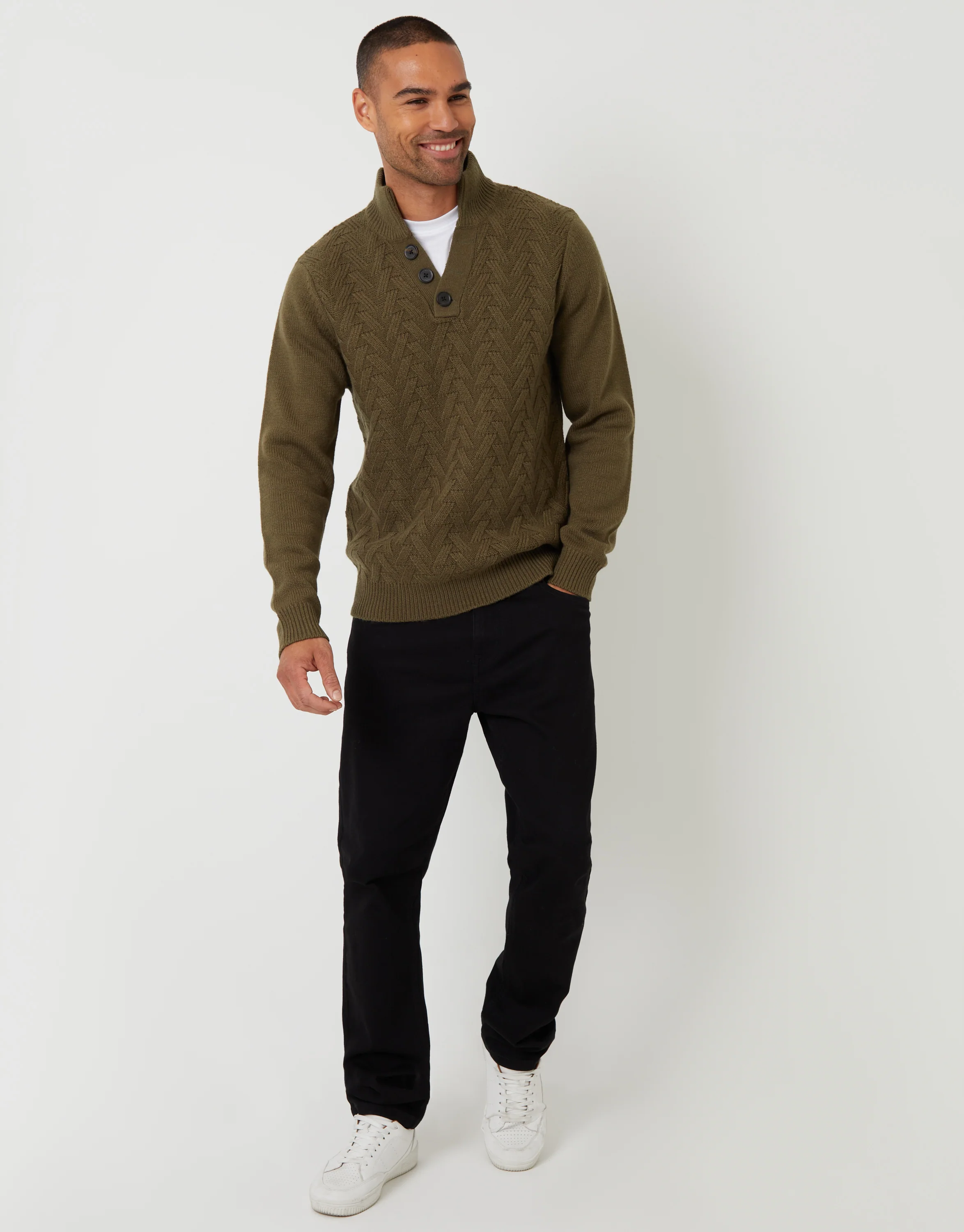Mock Neck Funnel Neck Cable Knit Jumper in Khaki Green - Image 3