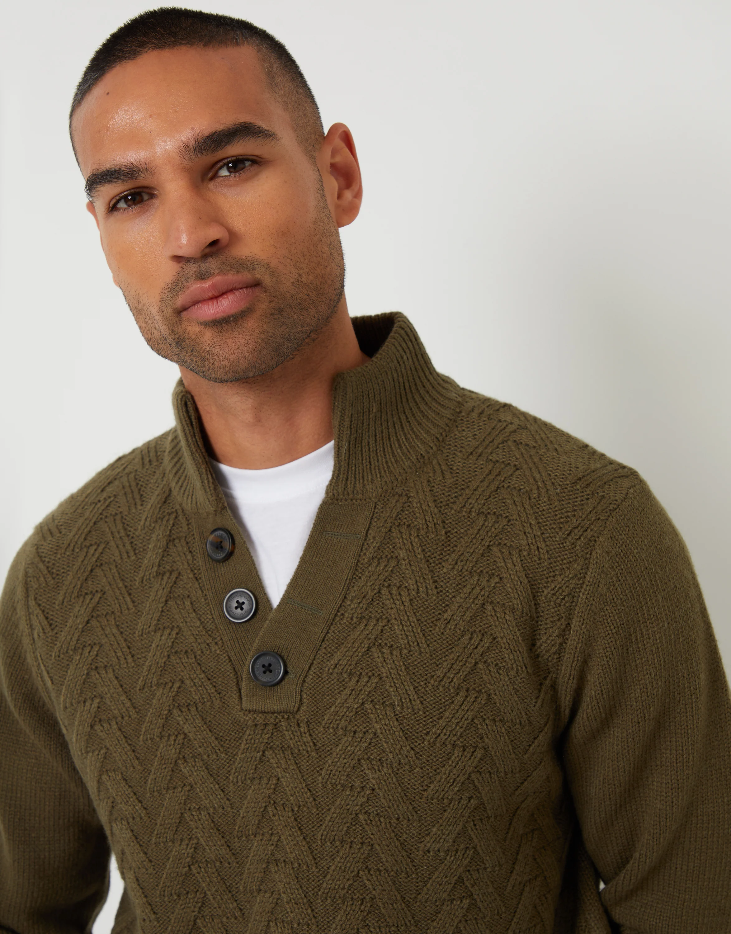 Mock Neck Funnel Neck Cable Knit Jumper in Khaki Green - Image 4