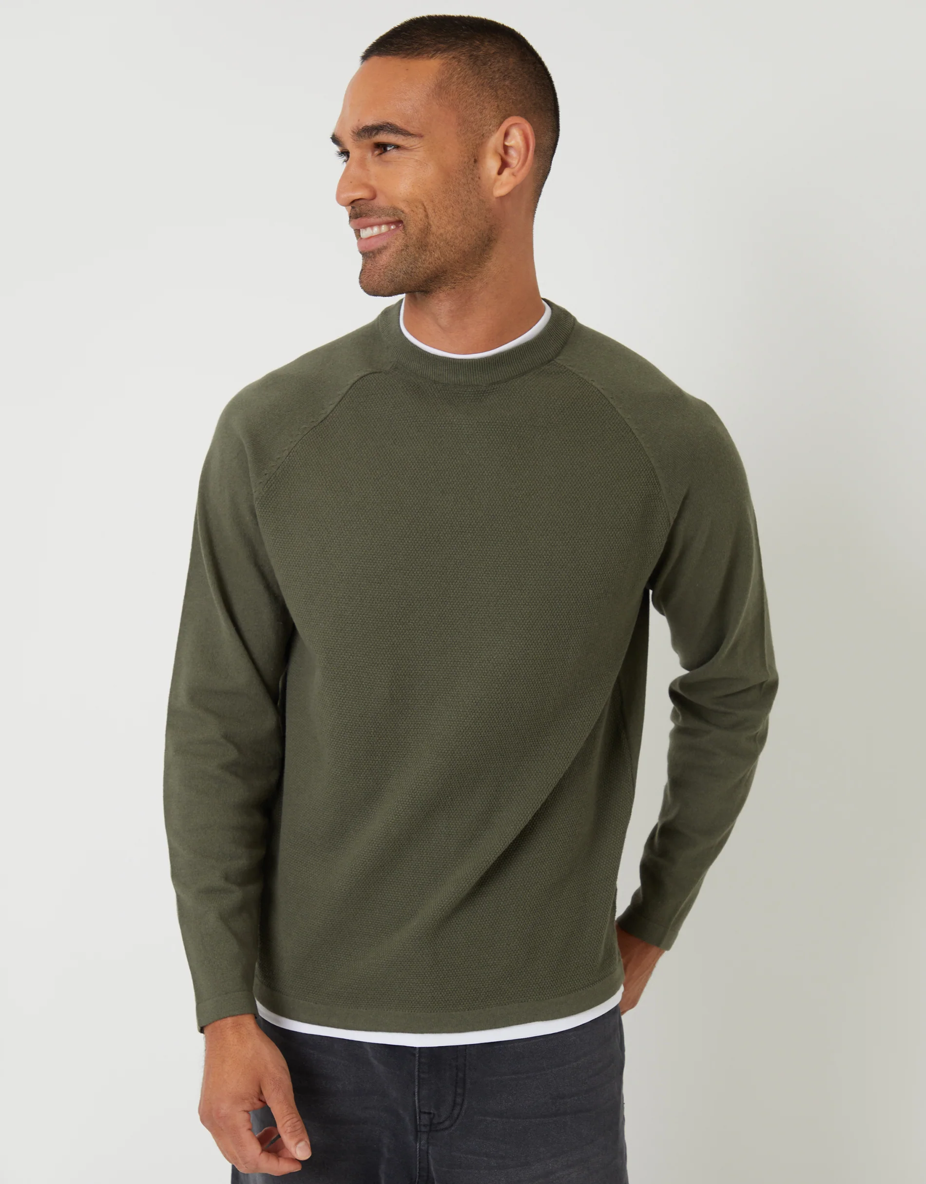 Mock Tee Textured Knit Crew Neck Jumper in Khaki Green