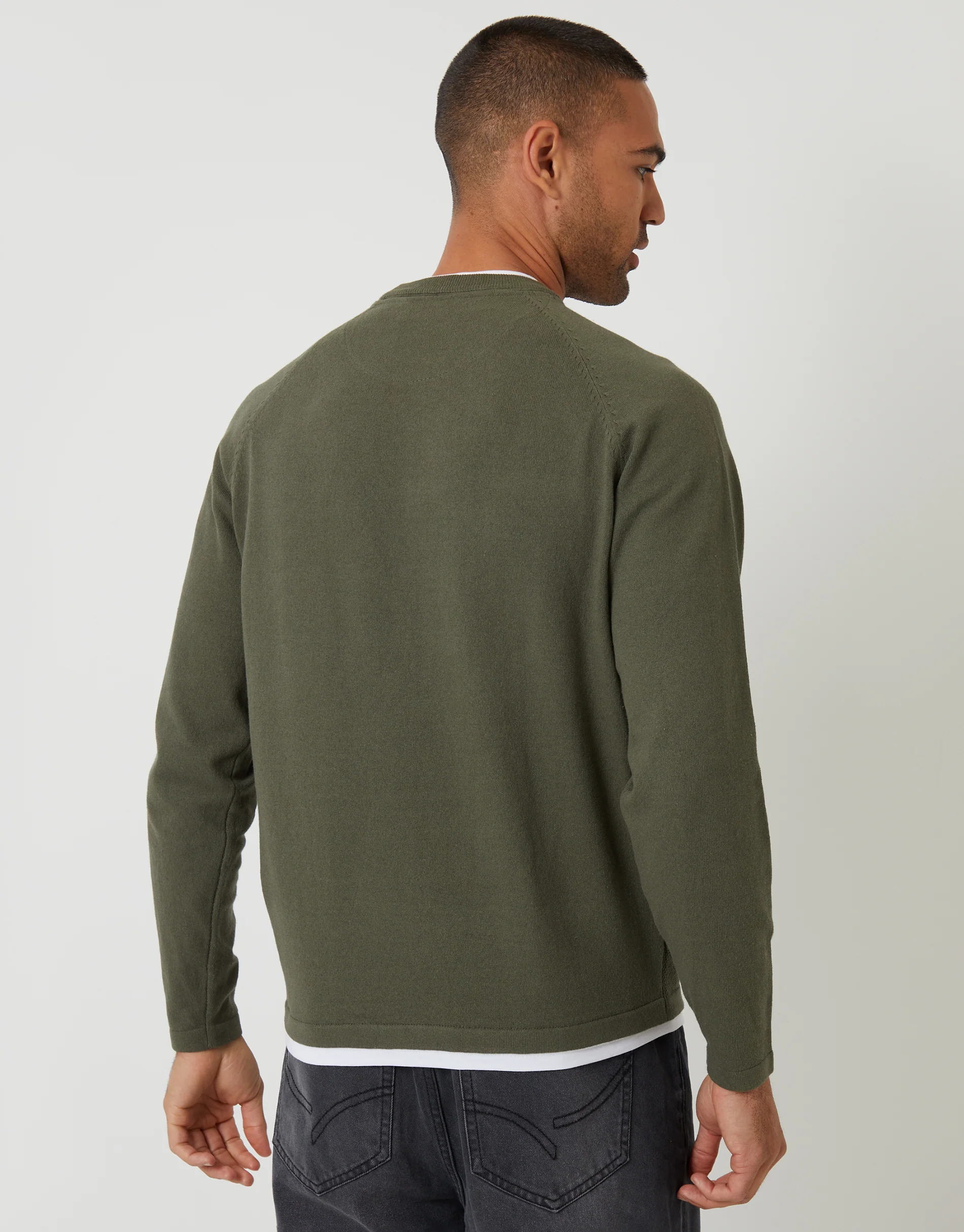 Mock Tee Textured Knit Crew Neck Jumper in Khaki Green - Image 2