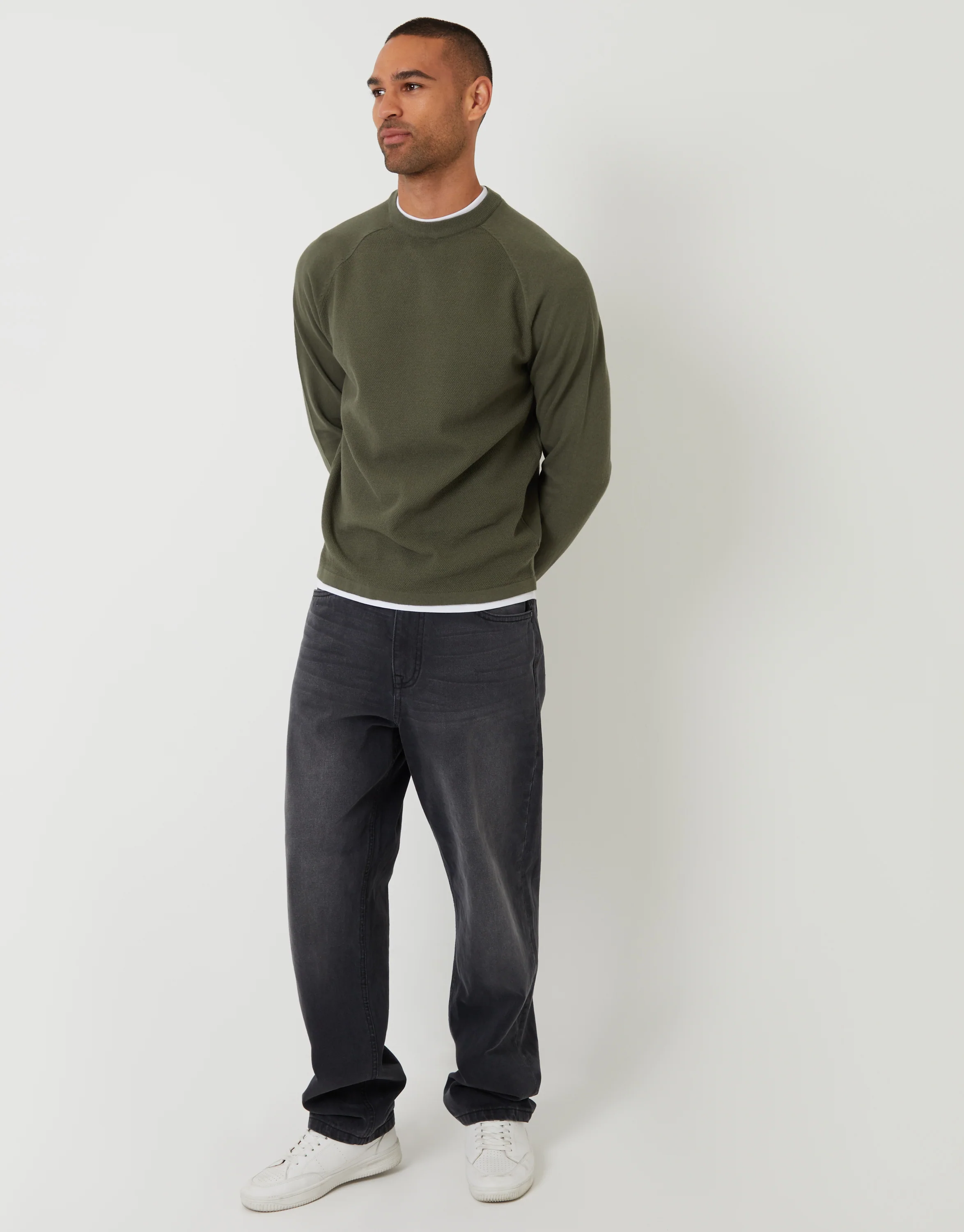 Mock Tee Textured Knit Crew Neck Jumper in Khaki Green - Image 3
