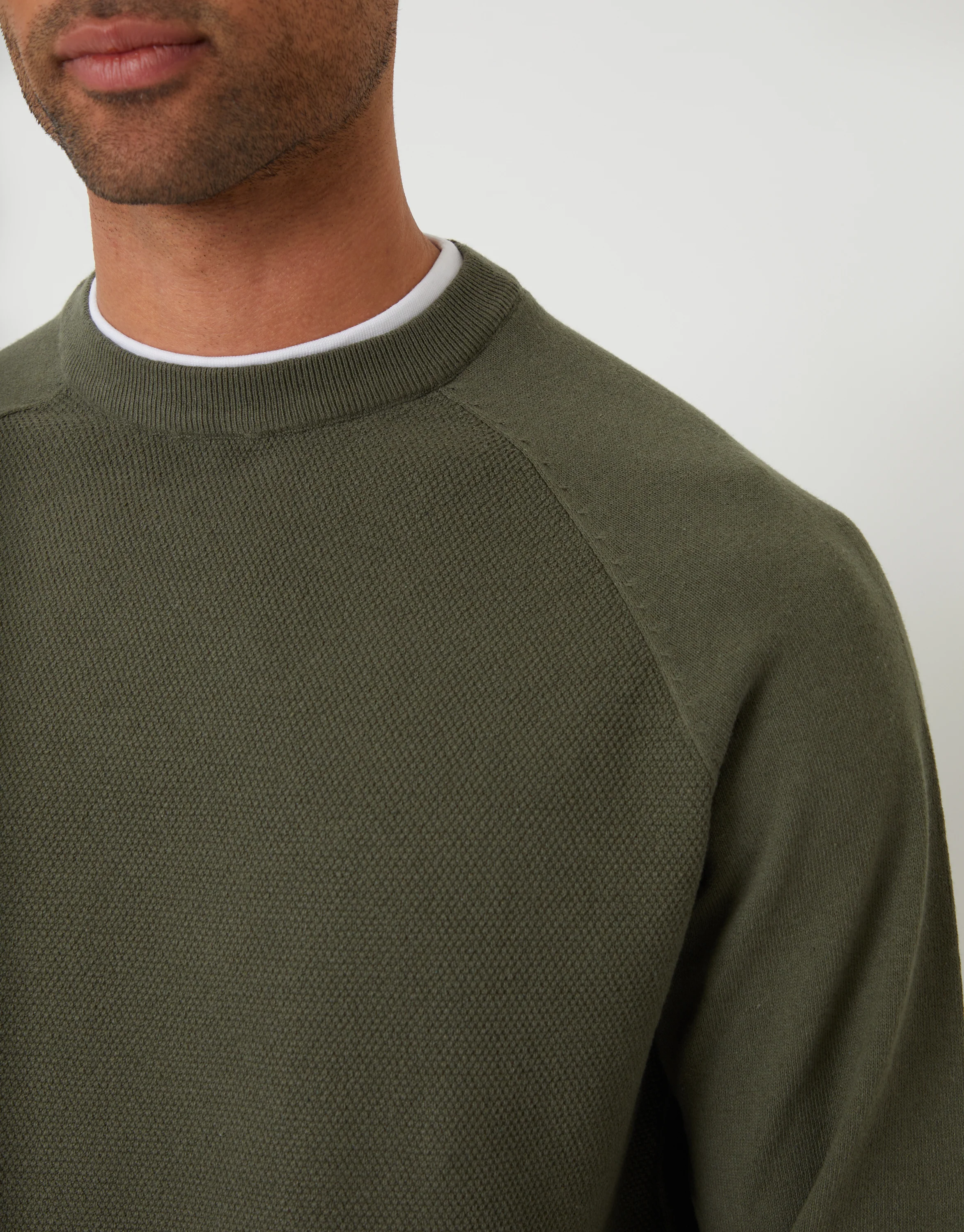 Mock Tee Textured Knit Crew Neck Jumper in Khaki Green - Image 4